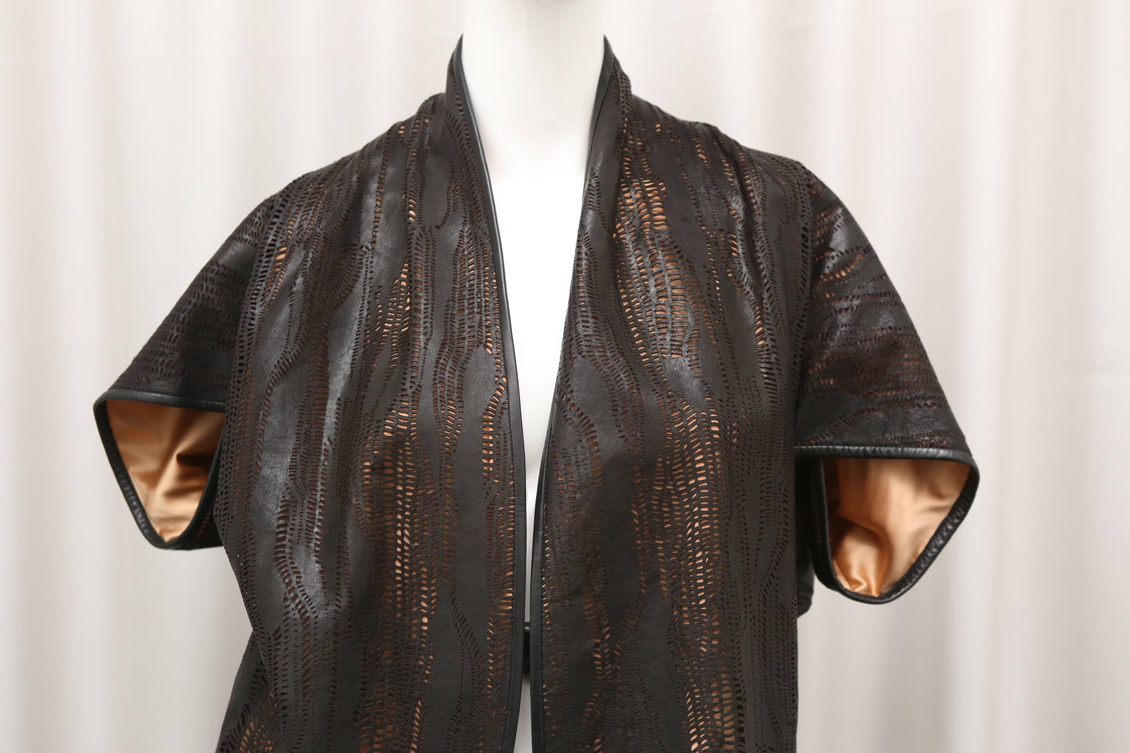 Zero Maria Cornejo Leather Lazer Cut 'Kimono' Style Jacket In Excellent Condition For Sale In Bridgehampton, NY