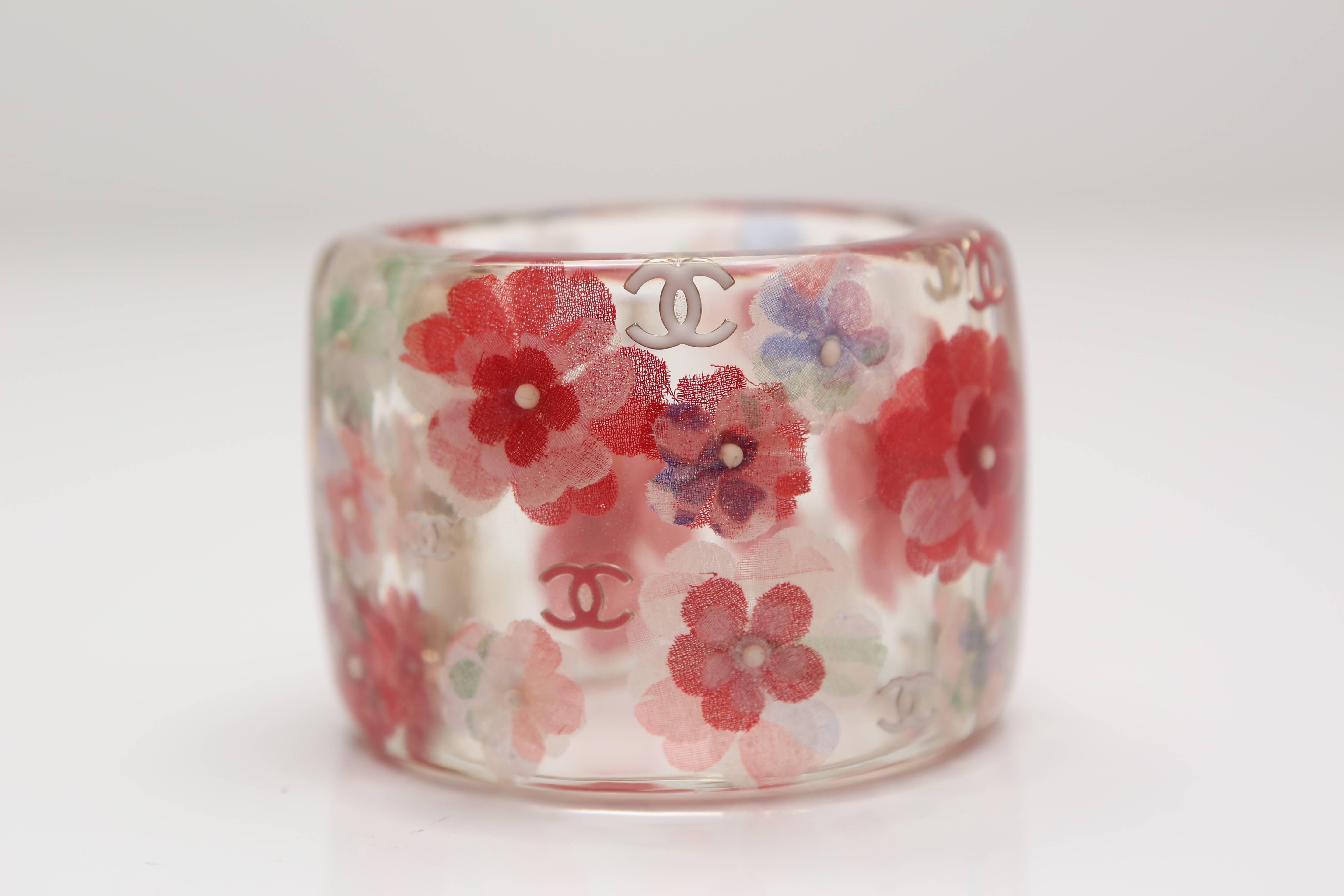 Chanel Pink Floral Lucite Transparent Cuff  1