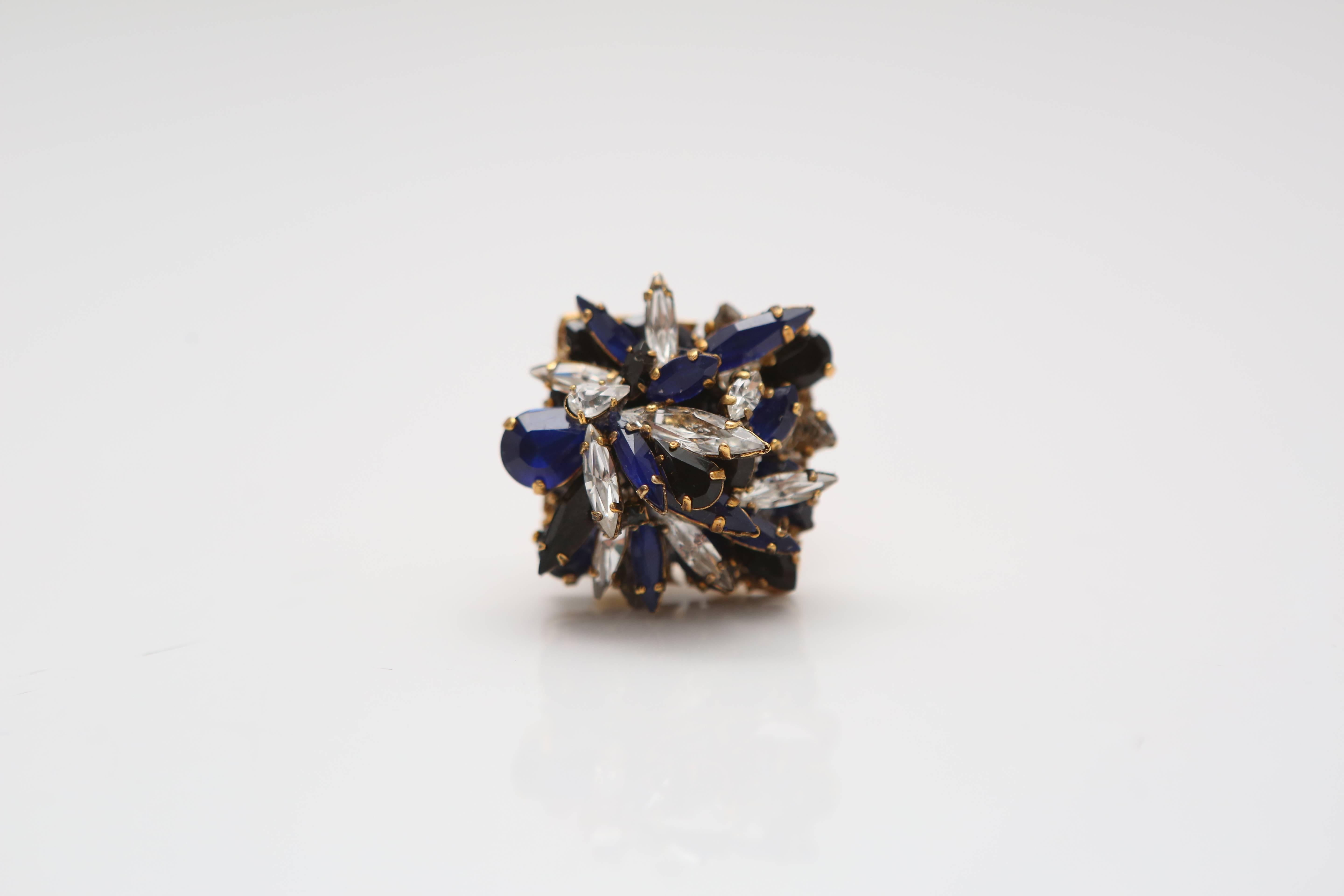 Erickson Beamon 'Queen Bee' royal blue/clear diamond shaped ring with crystal clusters.

