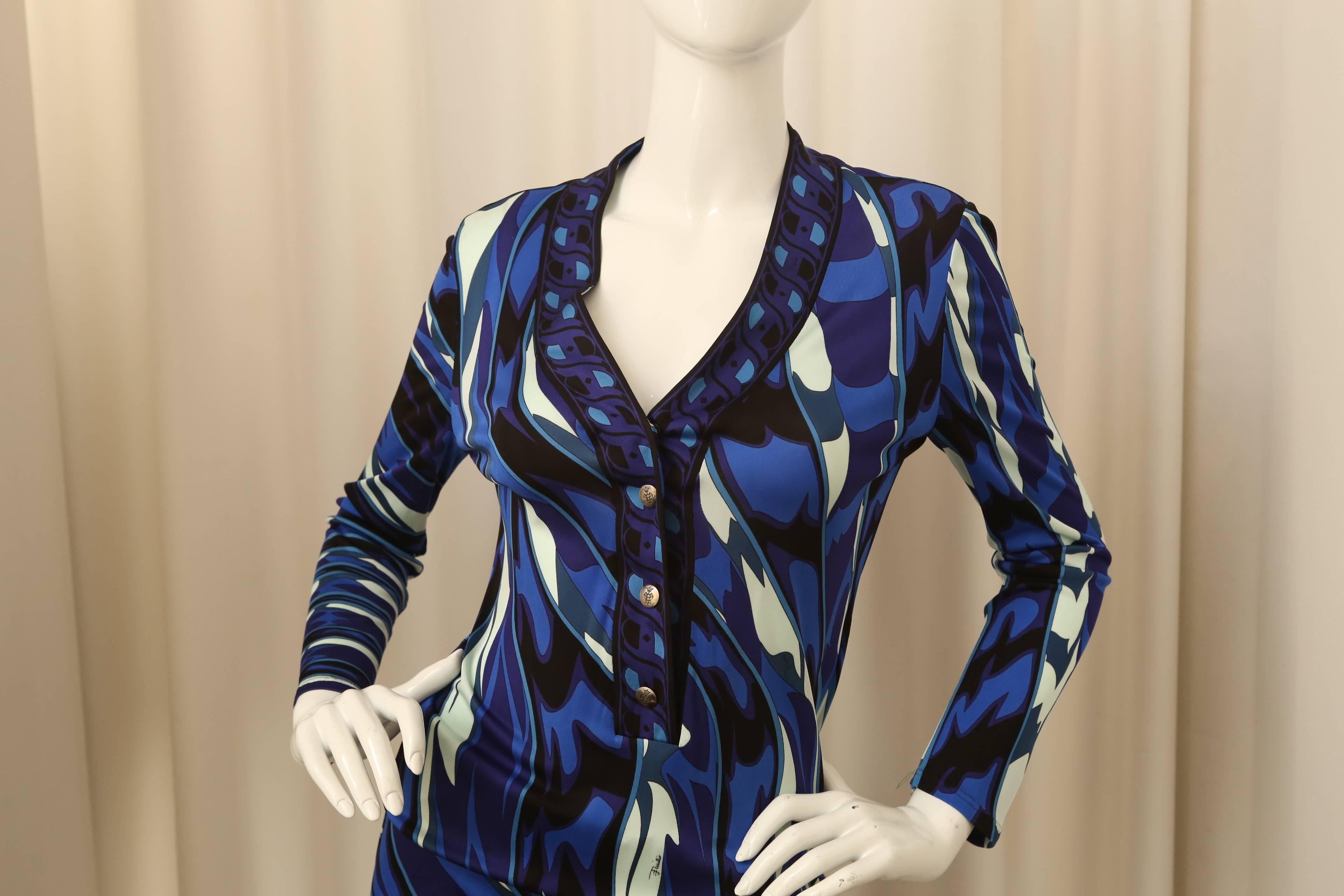 Black Emilio Pucci Blue/Multi Printed Dress With Cinched Drop Waist