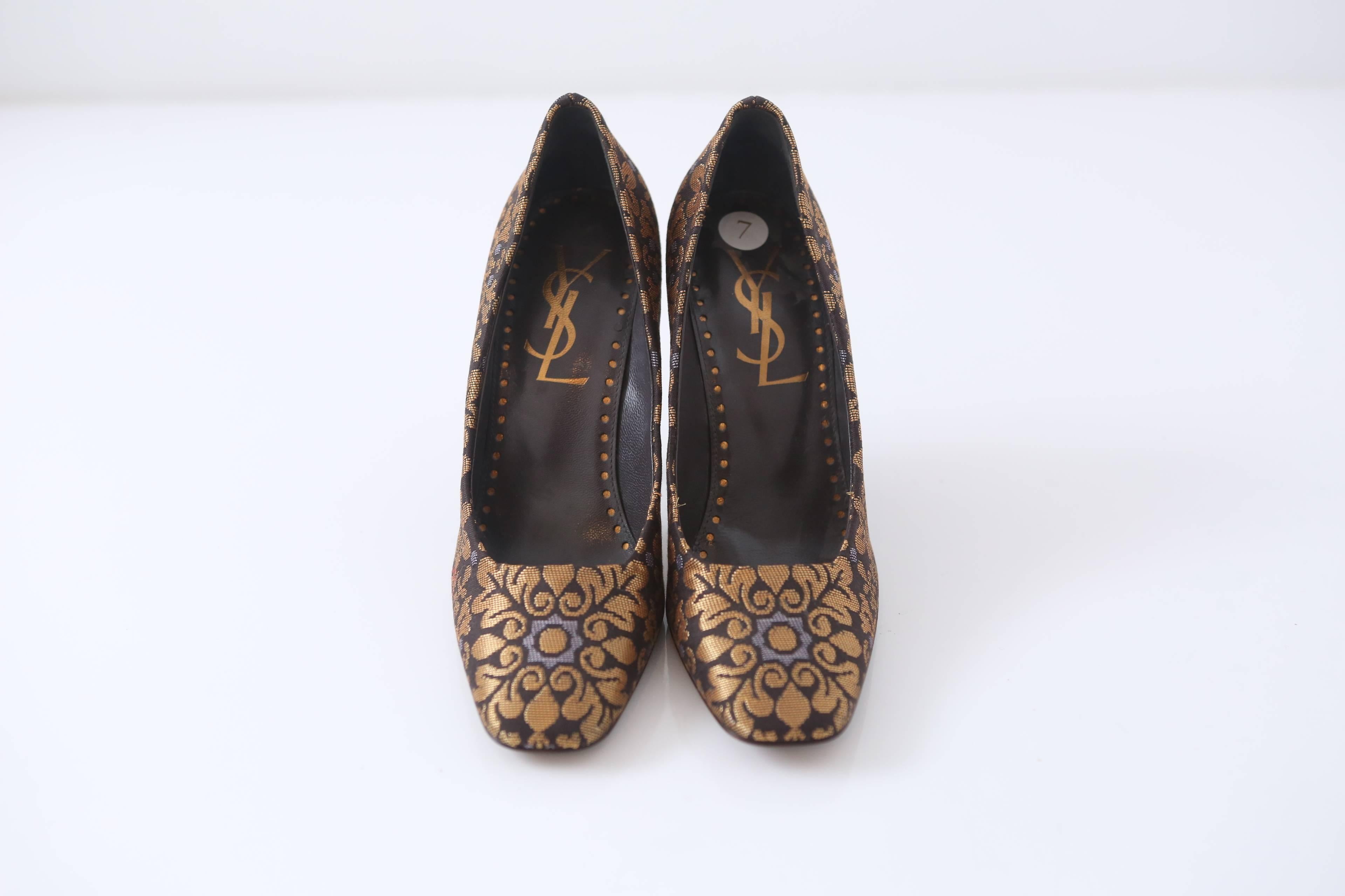 Yves Saint Laurent Gold & Brown Brocade Heeled Pumps.  Square toe and skinny 3" heel.