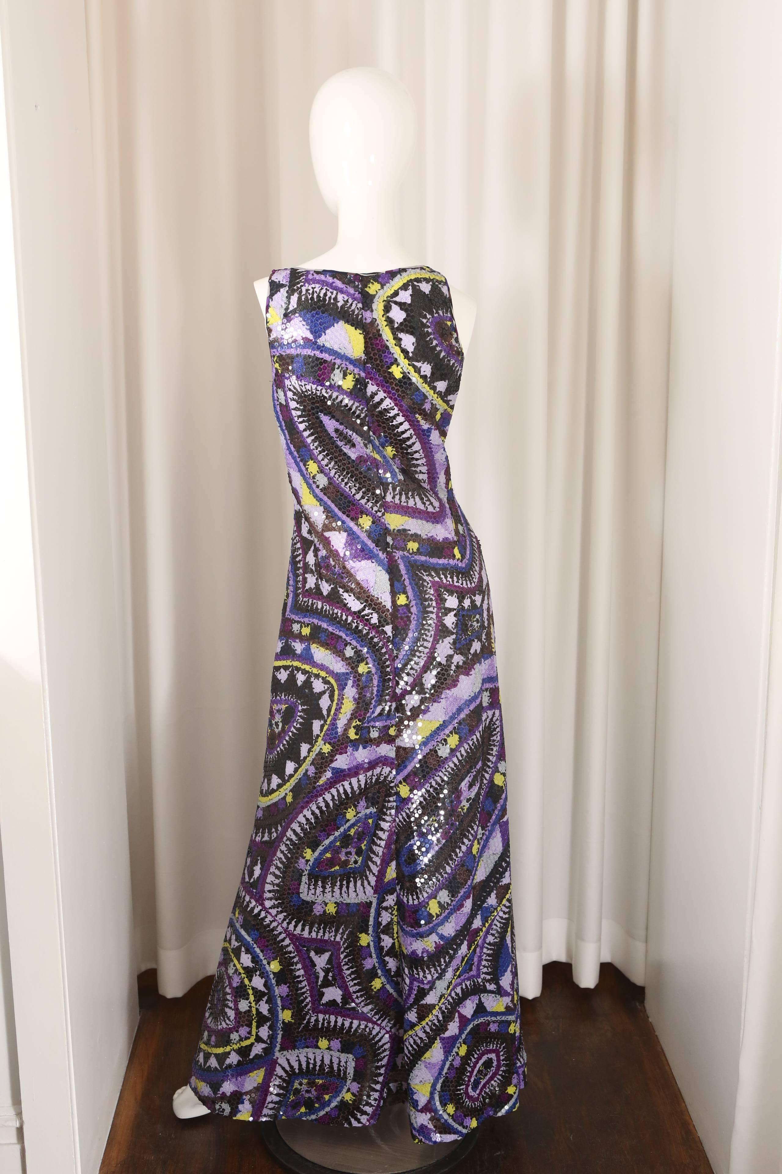 Emilio Pucci Purple/Multi Signature Printed Sequin Gown In Good Condition In Bridgehampton, NY