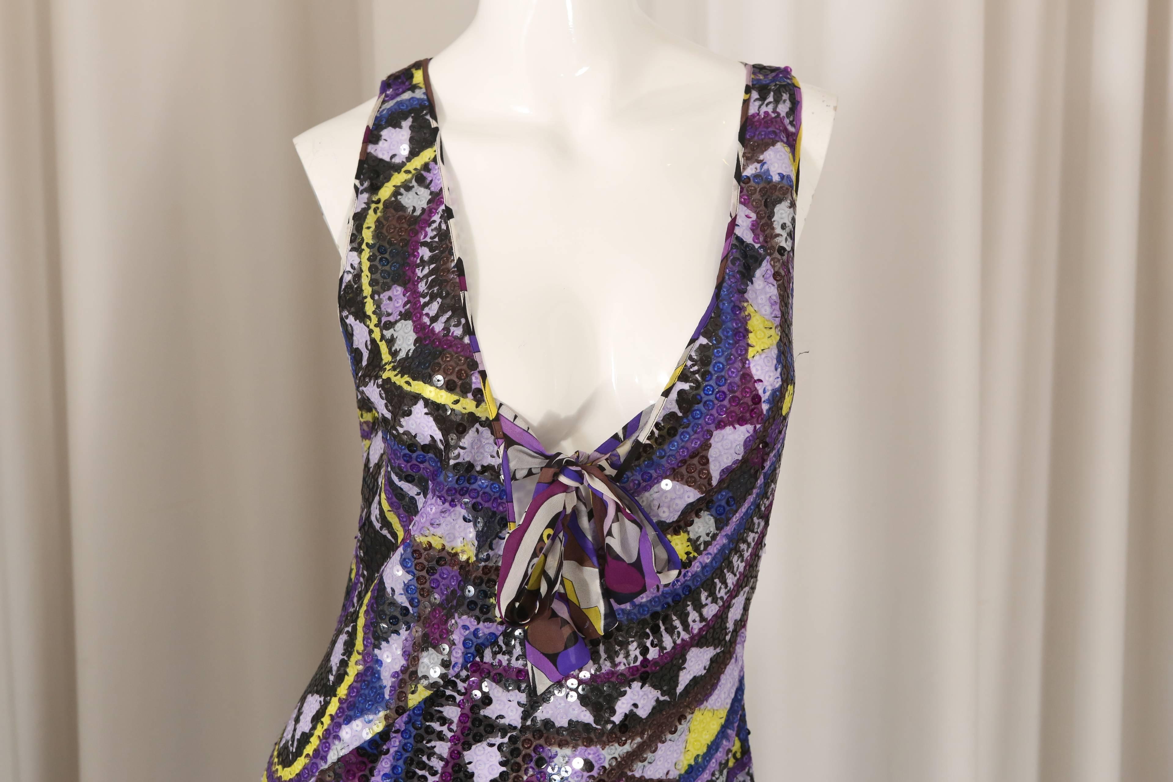 Emilio Pucci purple/multi sequin signature printed sleeveless 'V' neck Gown w/ tie.