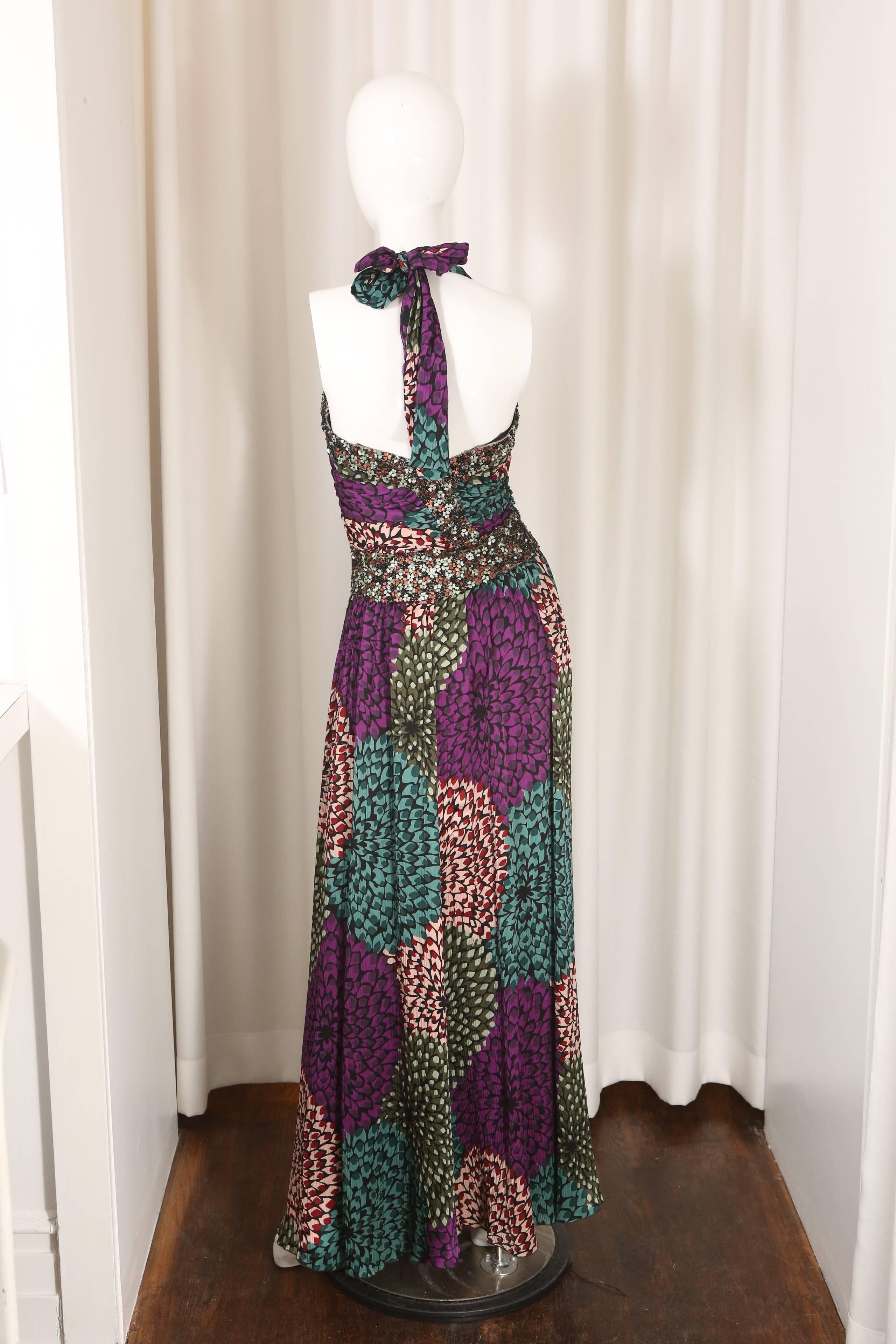 Women's Missoni Purple/Green Printed Halter Gown W/ Embellishments 