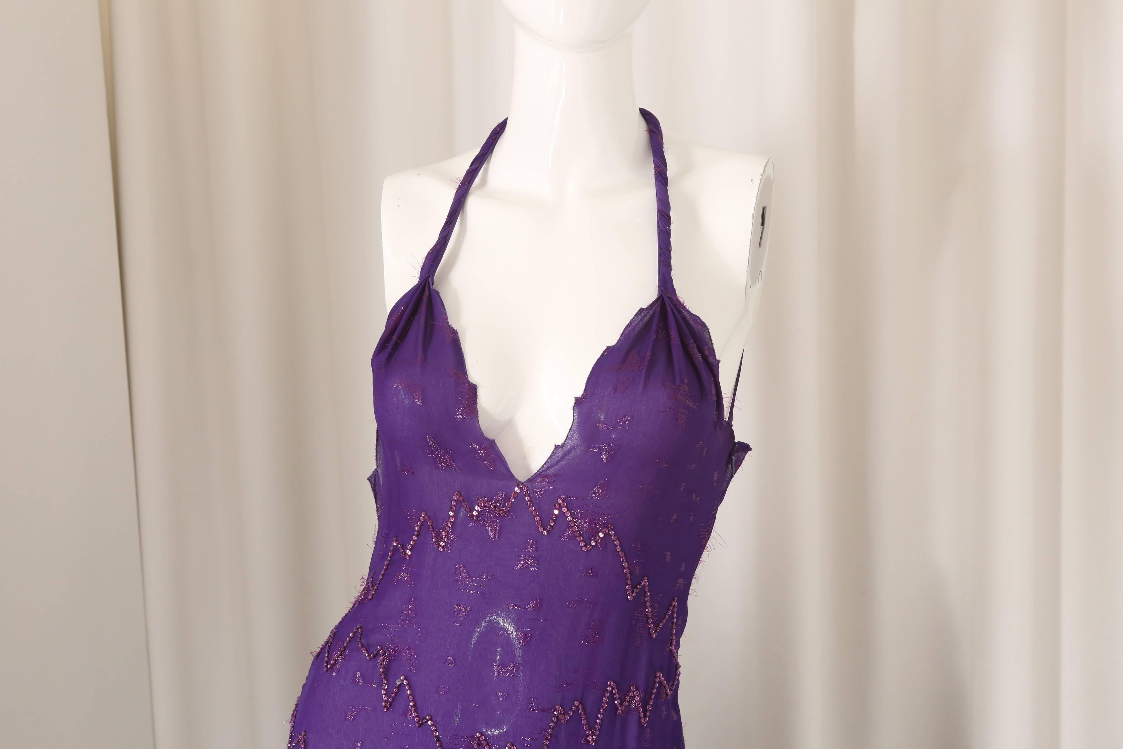 Gianni Versace purple embellished gown with low back, two front slits and straps on the back shoulder. Zig-zag beading and metallic threading. 