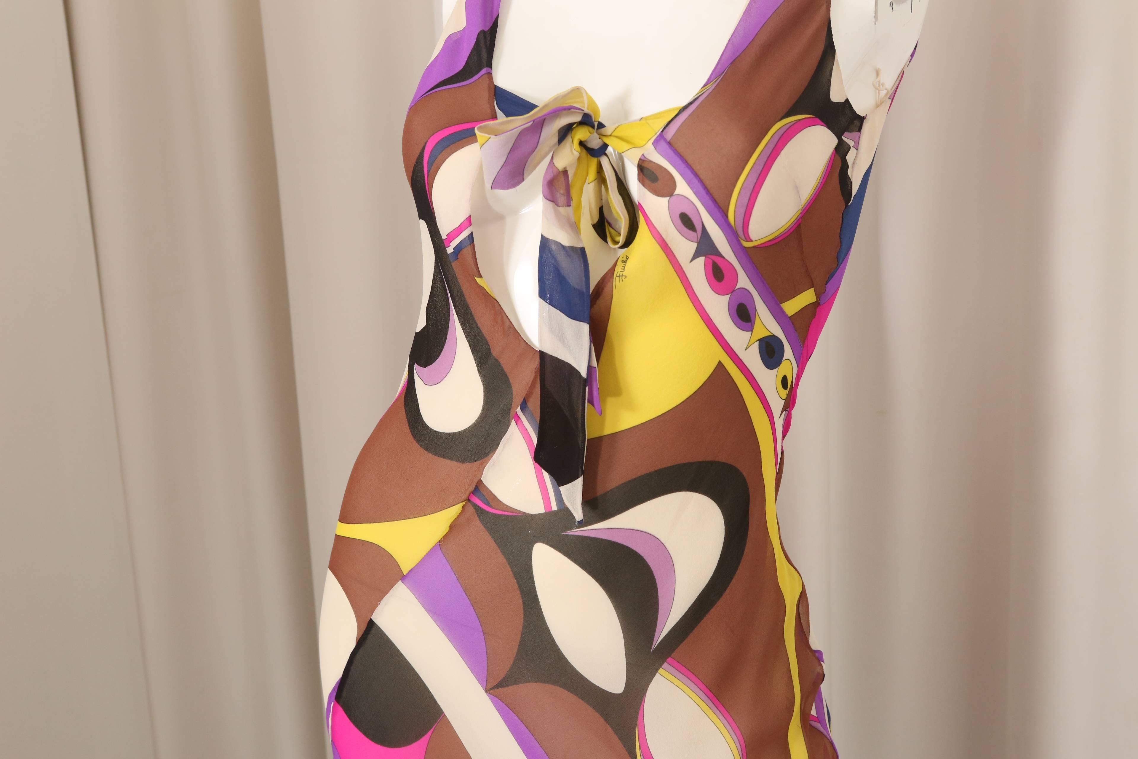Emilio Pucci sleeveless multi-colored signature printed gown with split-v & tie.  
