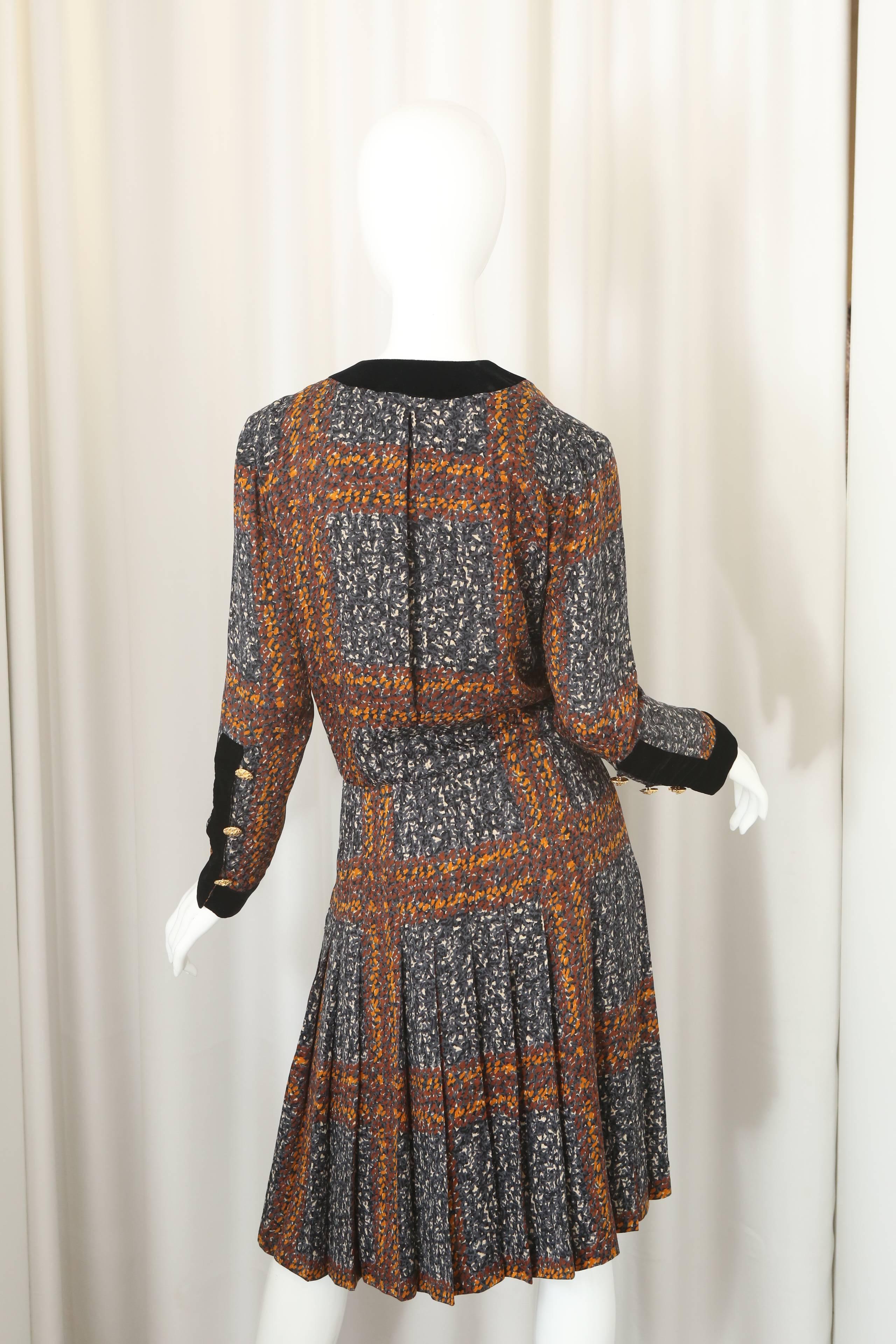 Givenchy Long Sleeve Printed Dress W/ Black Velvet & Gold Buttons 1