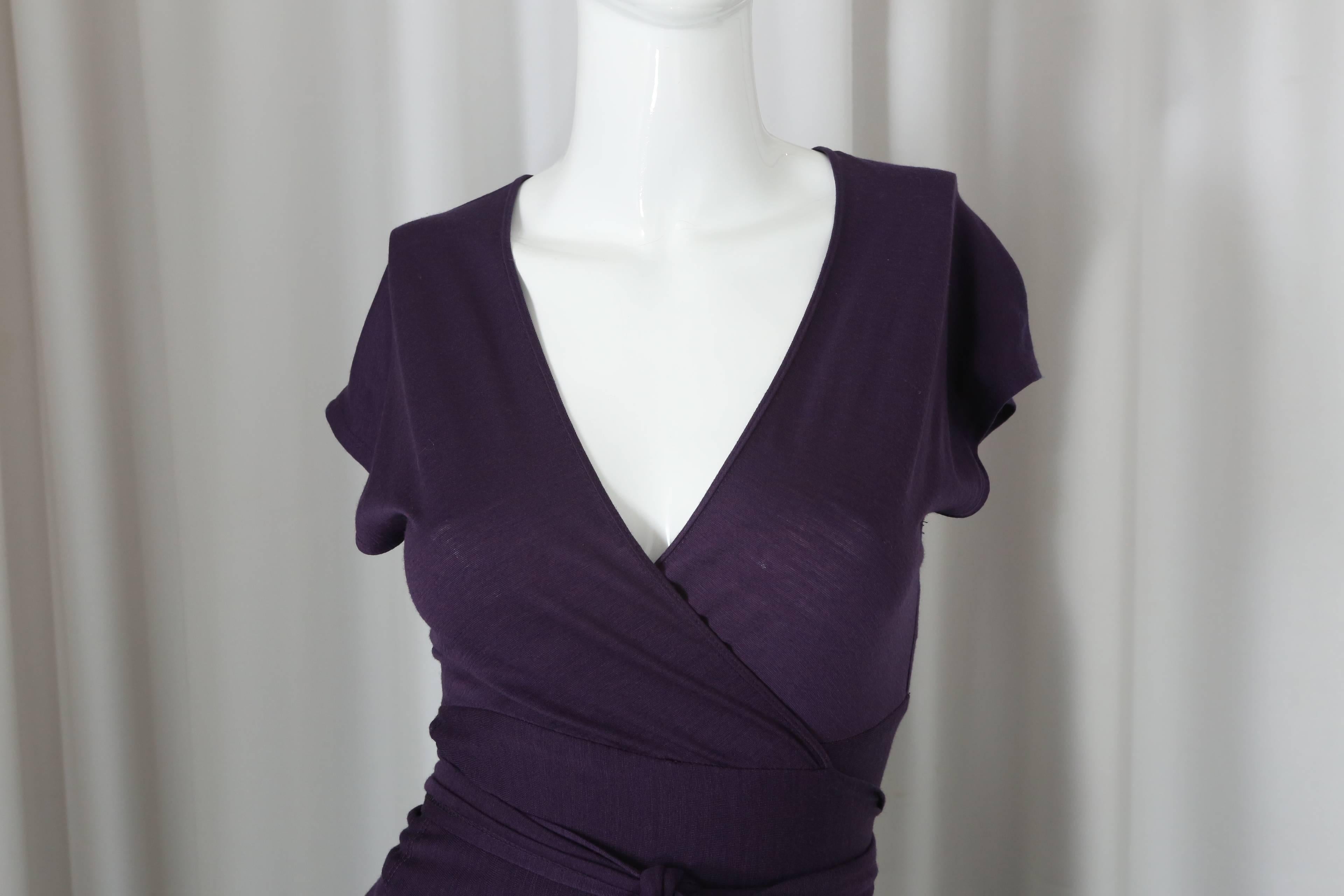 Morgane Le Fay Short Sleeve Purple Wrap Dress W/ Gathering In Good Condition In Bridgehampton, NY