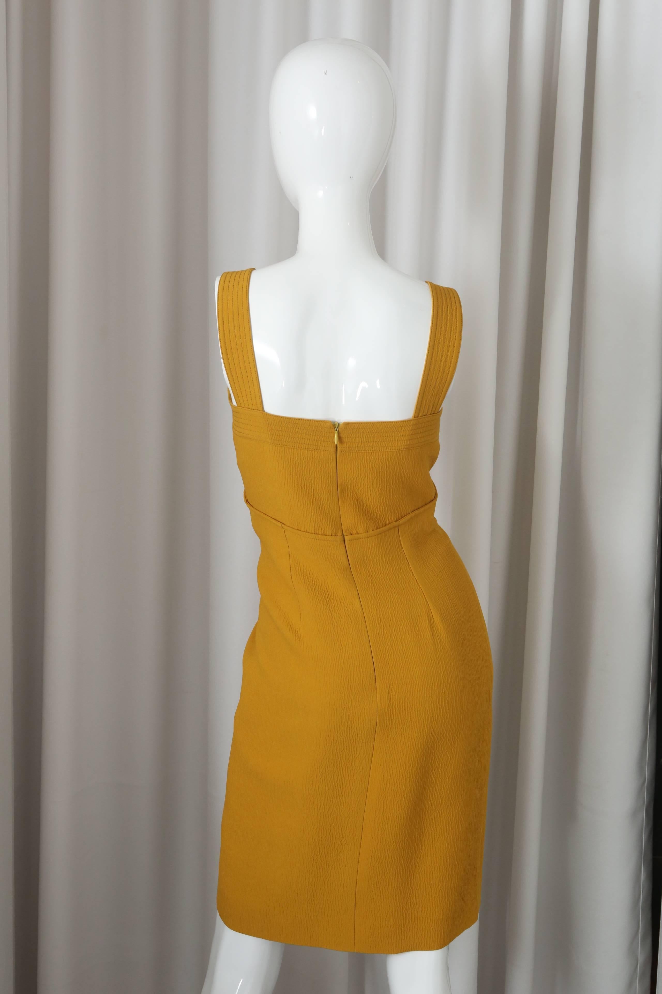 Brown Oscar de la Renta Yellow S/L Dress W/ Front Gathering