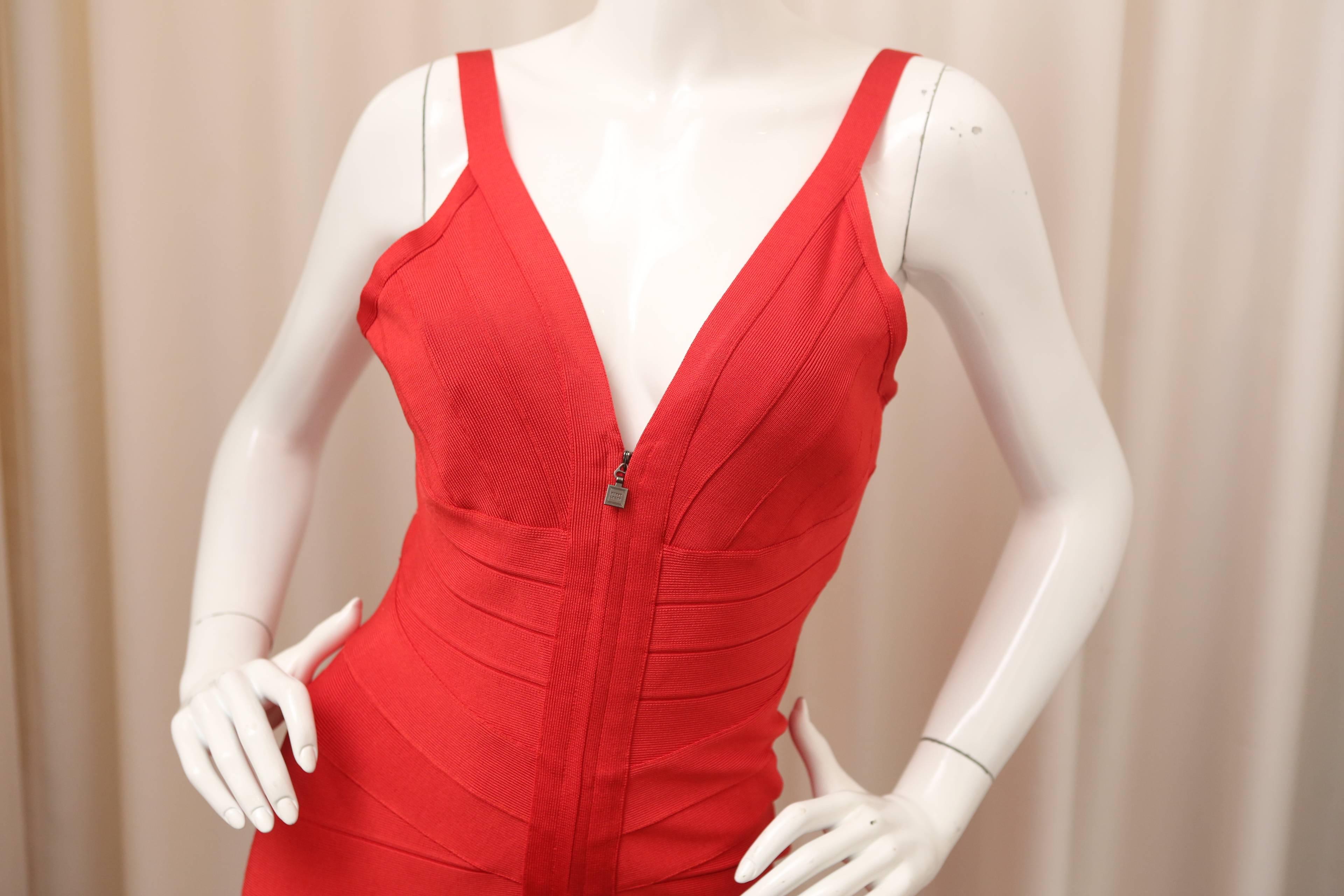 Herve Leger red bandage dress with front zipper.