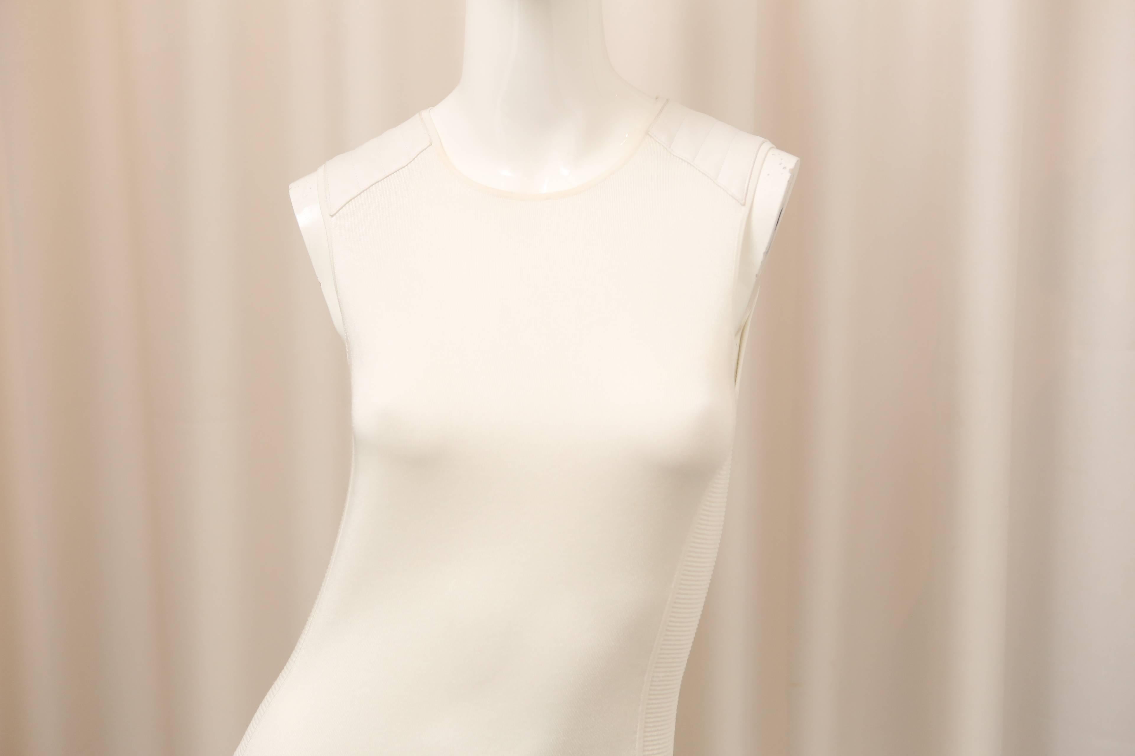 Ralph lauren Black Label ivory sleeveless dress with ribbing on the sides and ivory leather patches at shoulder.  