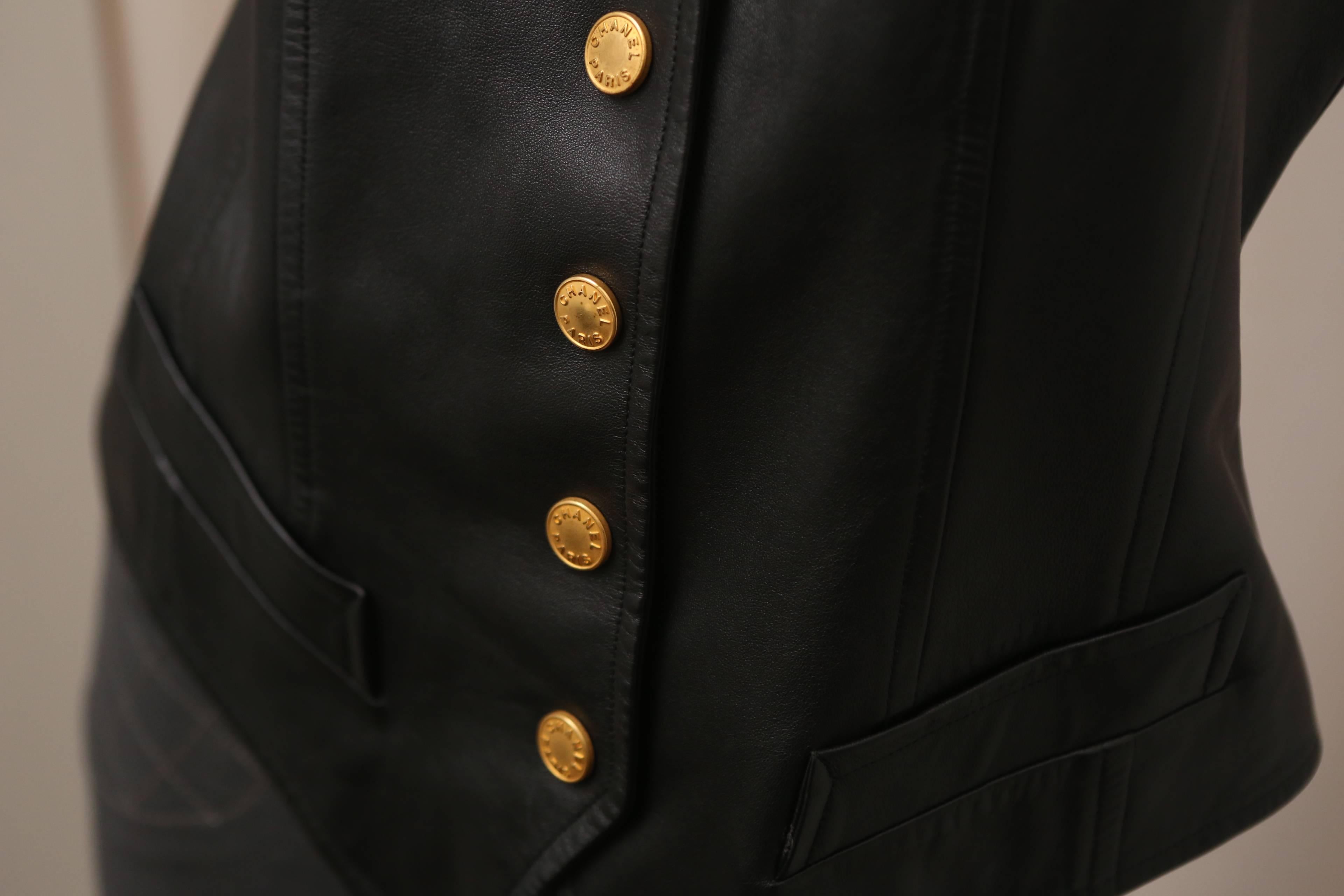 Black 1993 Chanel Sleeveless Leather Vest W/ Gold HW 