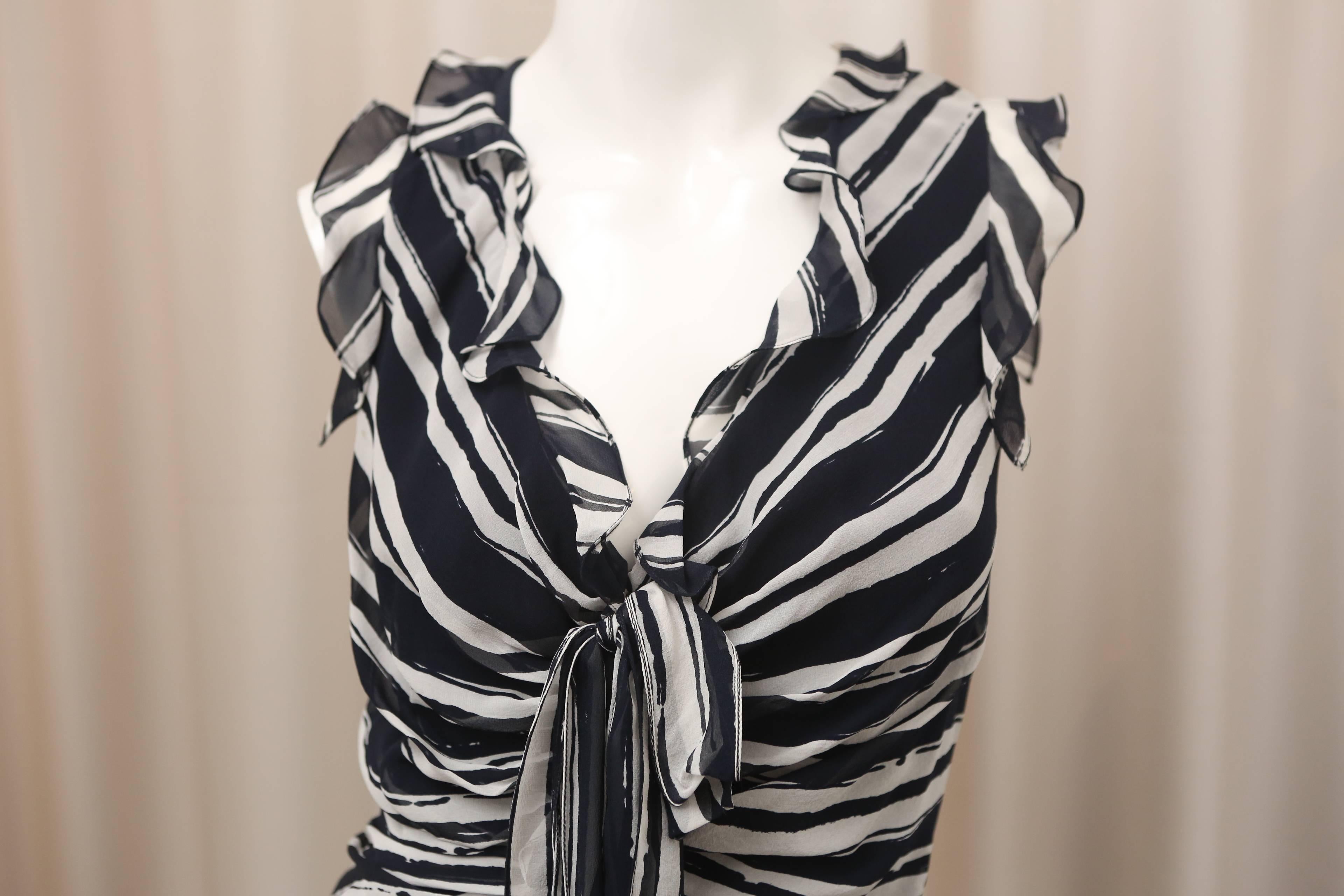 Carolina Herrera Striped Gown W/ v-neck, tie and ruching on front and back.  