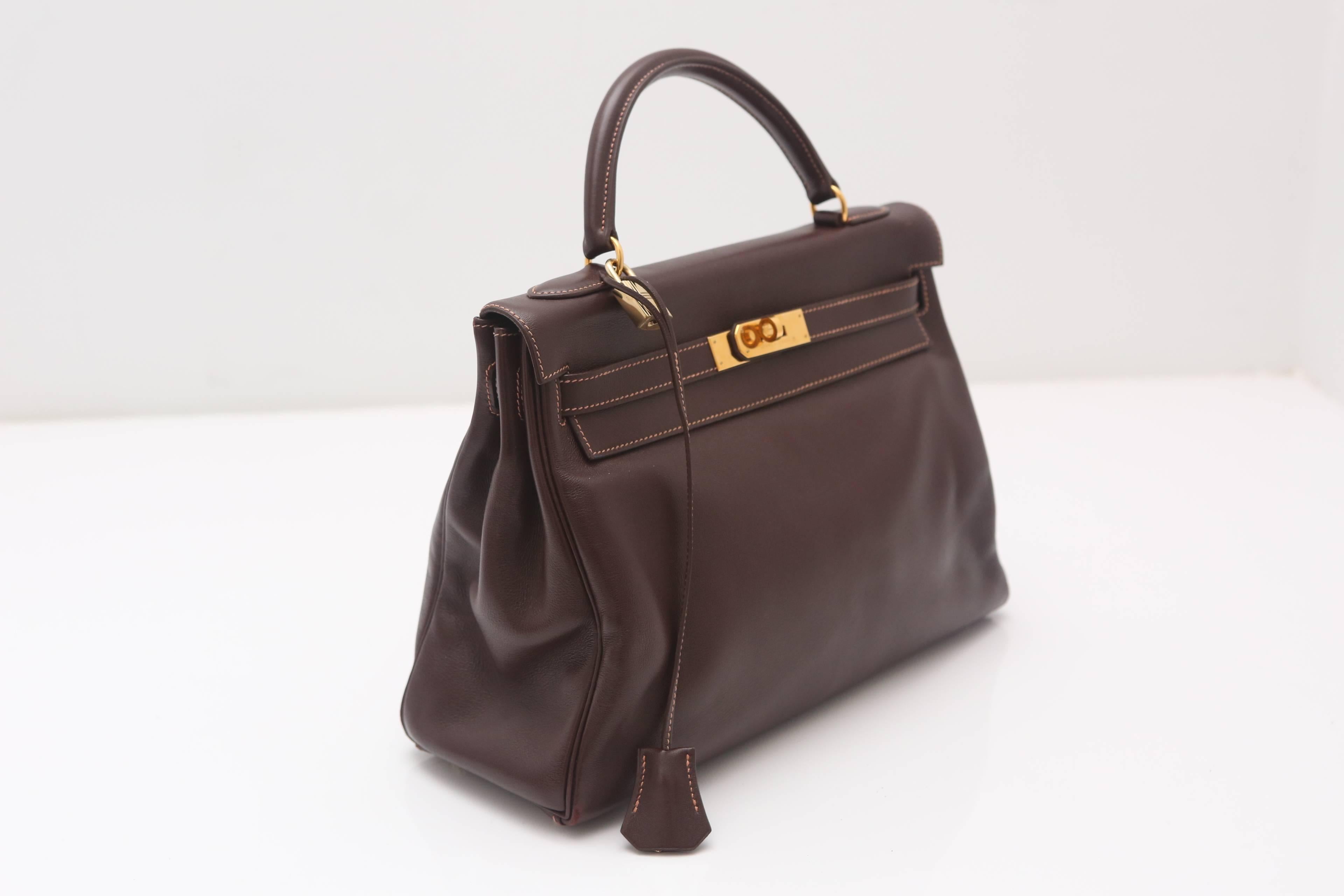 Hermes 32CM Brown Leather Kelly Handbag Circa 1994 In Good Condition In Bridgehampton, NY