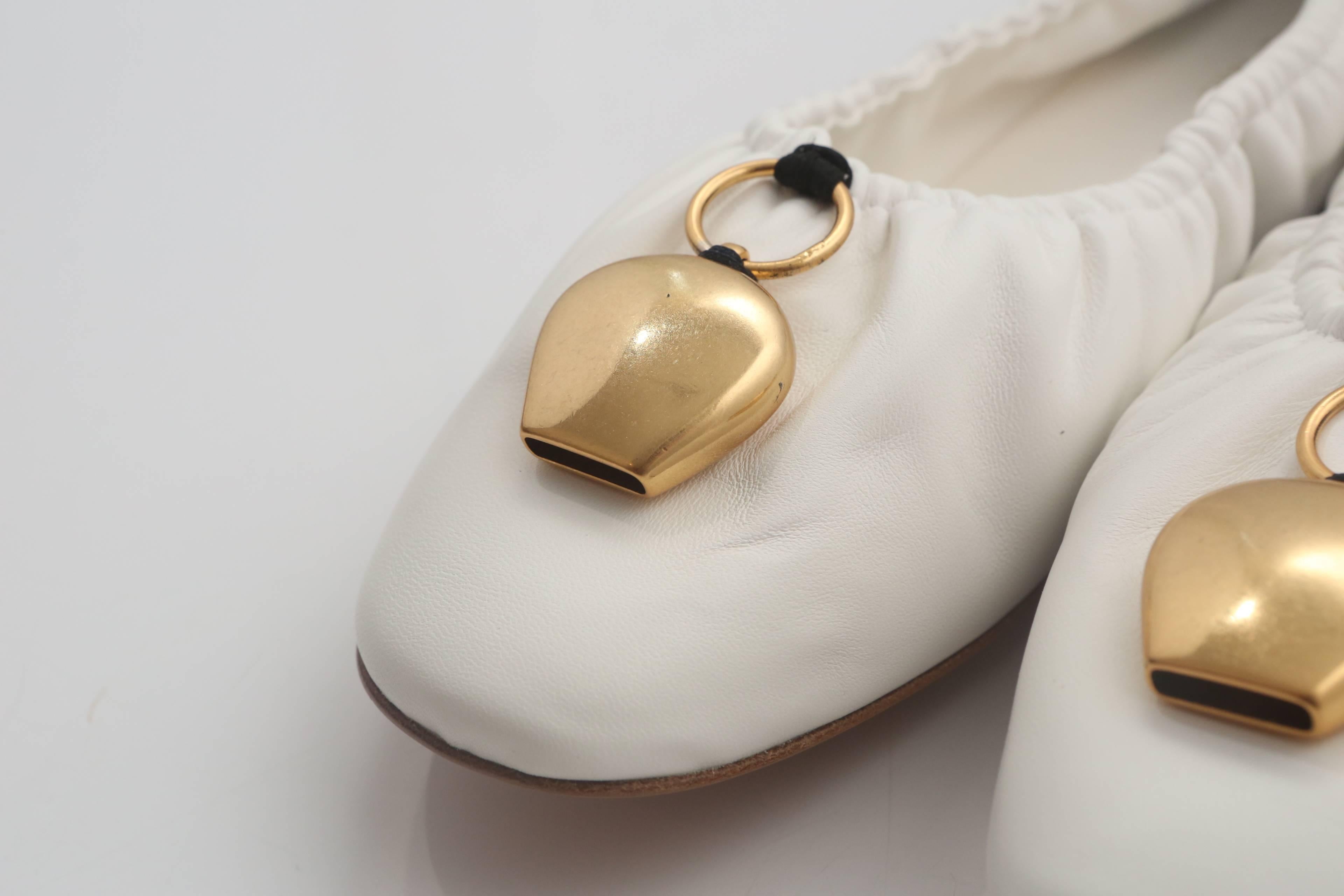 Beige Celine White Leather Flats W/ Gold Detail
