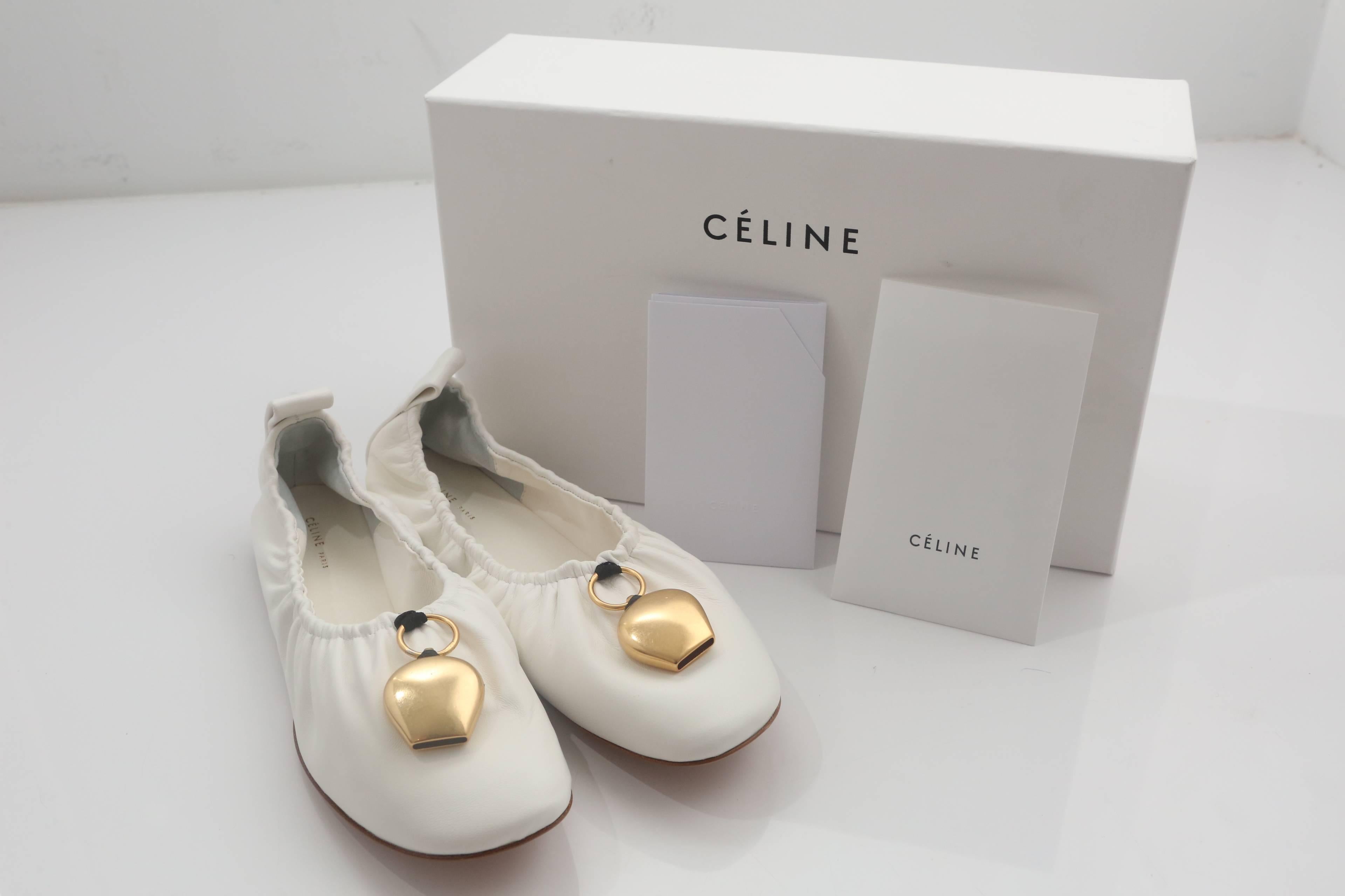 Women's Celine White Leather Flats W/ Gold Detail