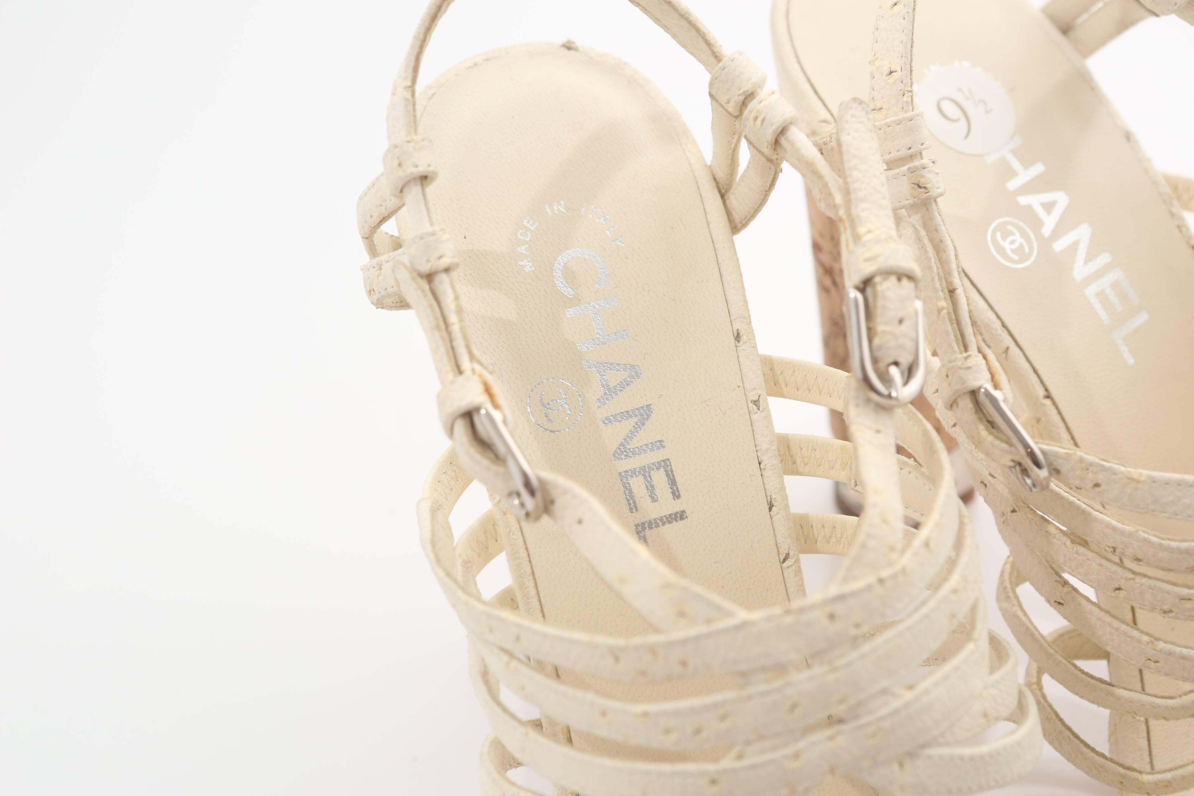 Chanel White Leather Sandals W/ Cork Heel In Good Condition In Bridgehampton, NY