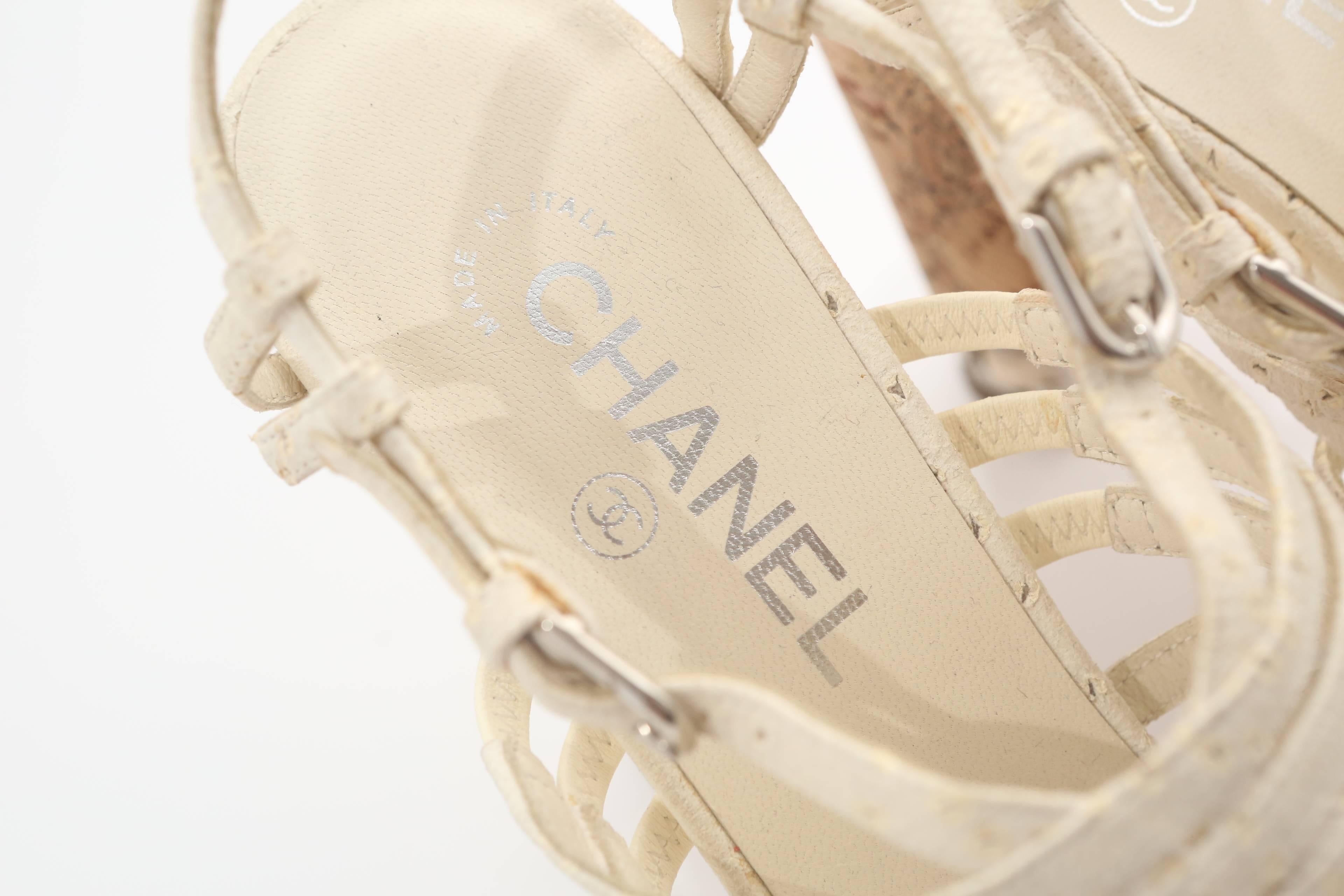 Women's or Men's Chanel White Leather Sandals W/ Cork Heel