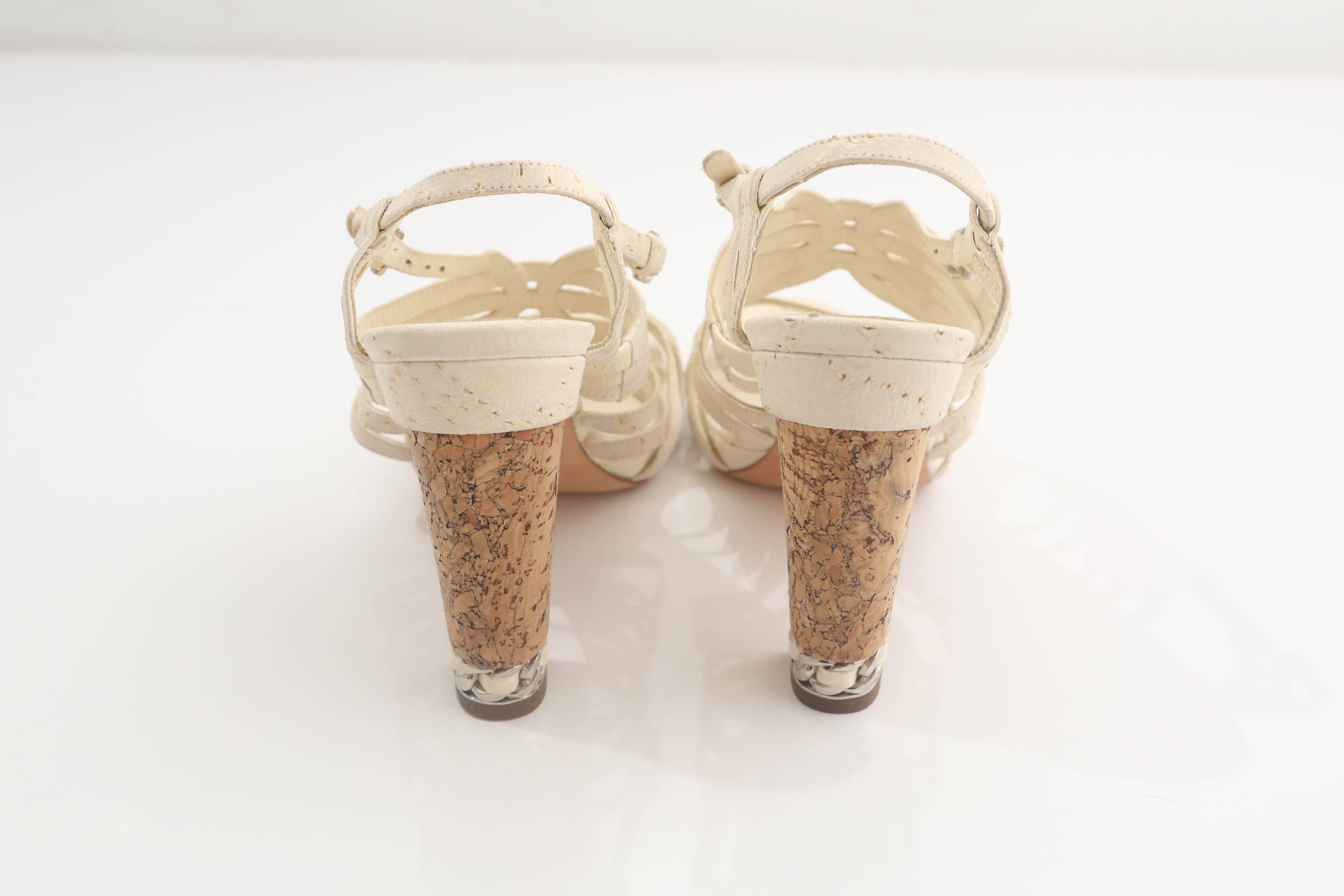 Chanel White Leather Sandals W/ Cork Heel 2
