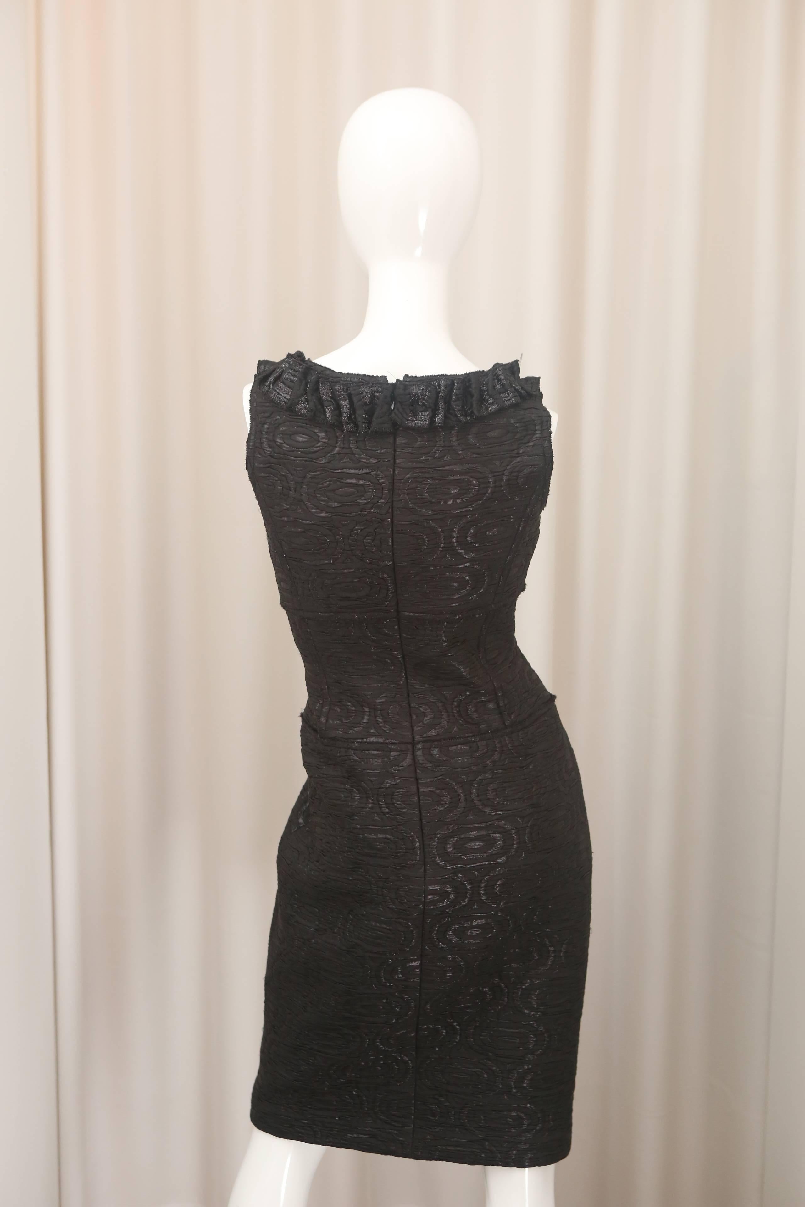 Oscar de la Renta Black Metallic Printed Dress W/ Ruffle Detail 2