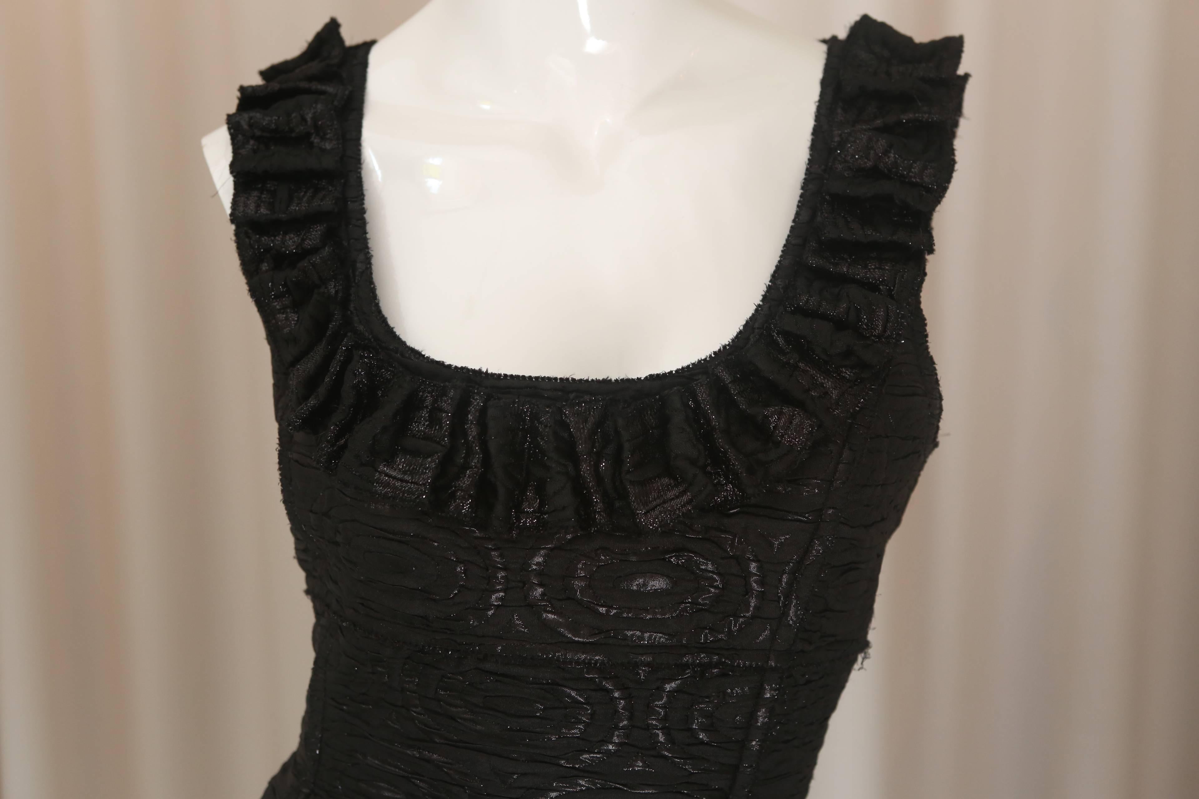 Oscar de la Renta black metallic brocade printed dress W/ ruffle detail & back zip closure.