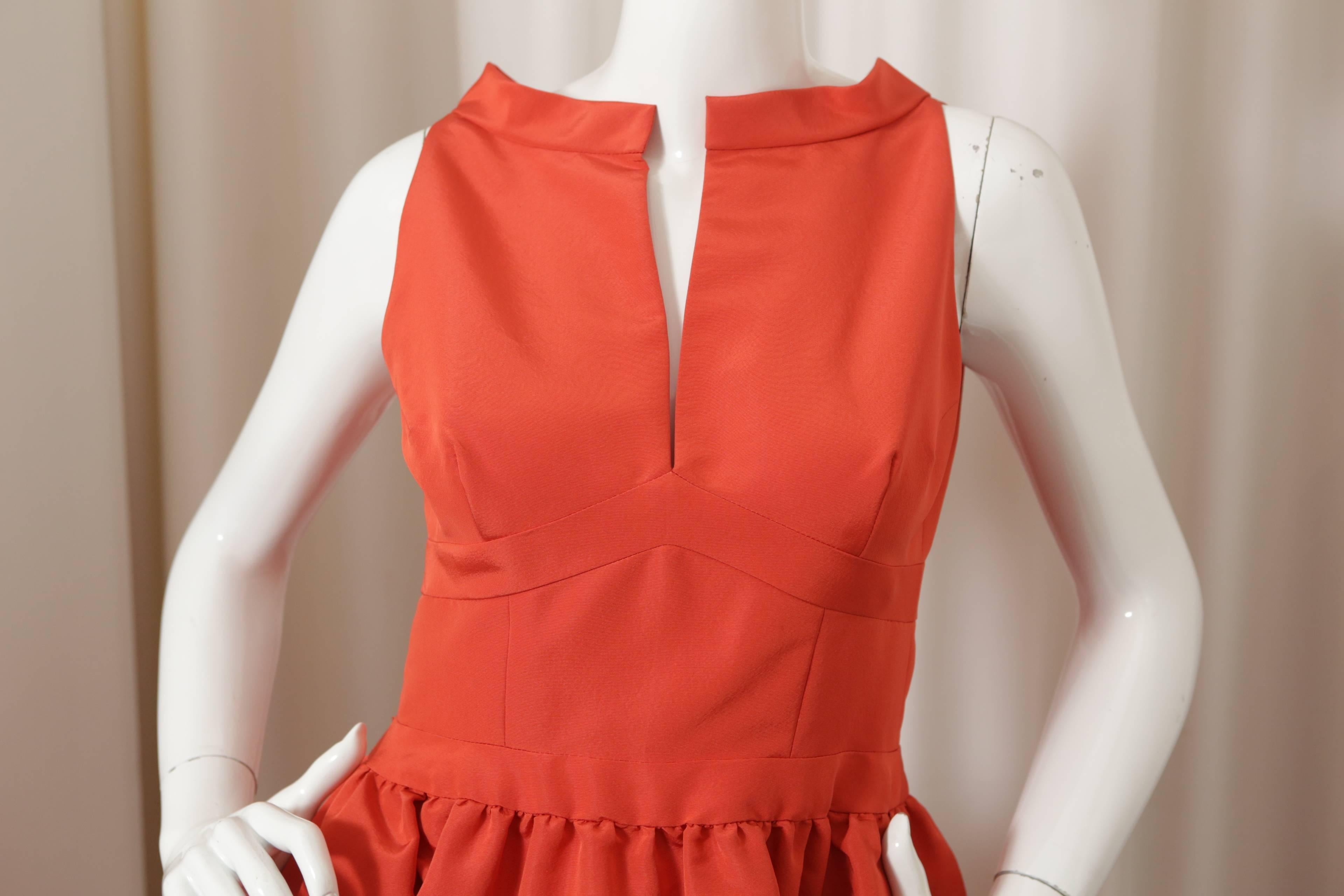 Oscar de la Renta S/L orange dress w/ split 'v' & back tie