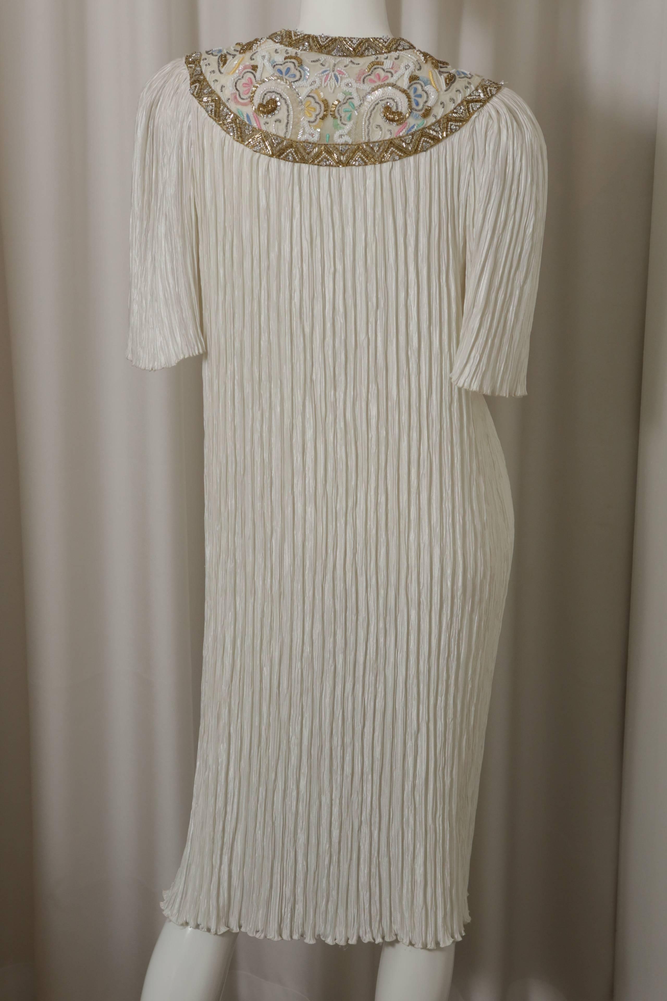 Mary McFadden Ivory/Multi Pleated Dress W/ Beading & Split 'V' 1