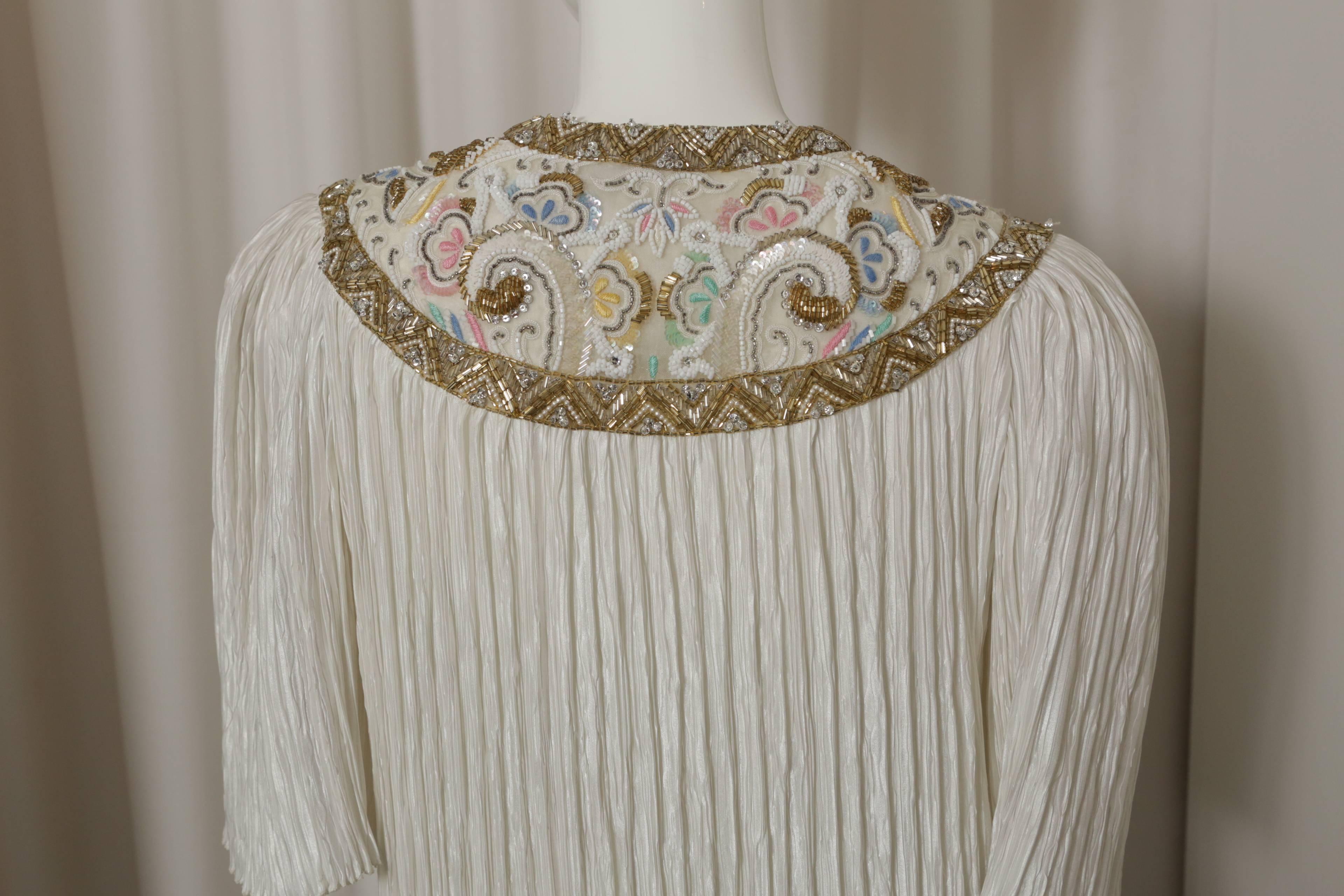 Women's Mary McFadden Ivory/Multi Pleated Dress W/ Beading & Split 'V'