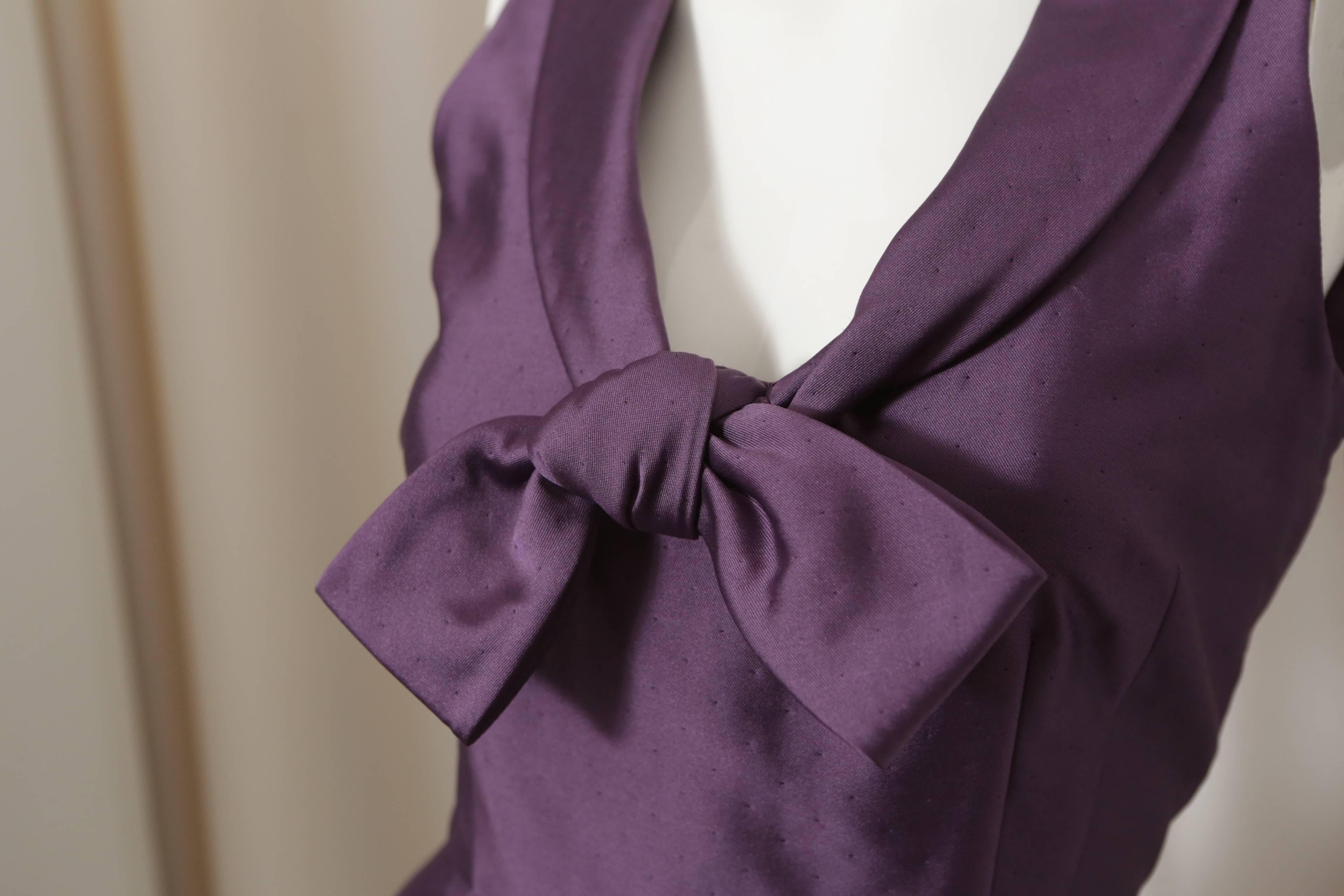 Valentino Roma purple s/l cocktail dress w/ front tie, side zip & allover pindot pattern. 