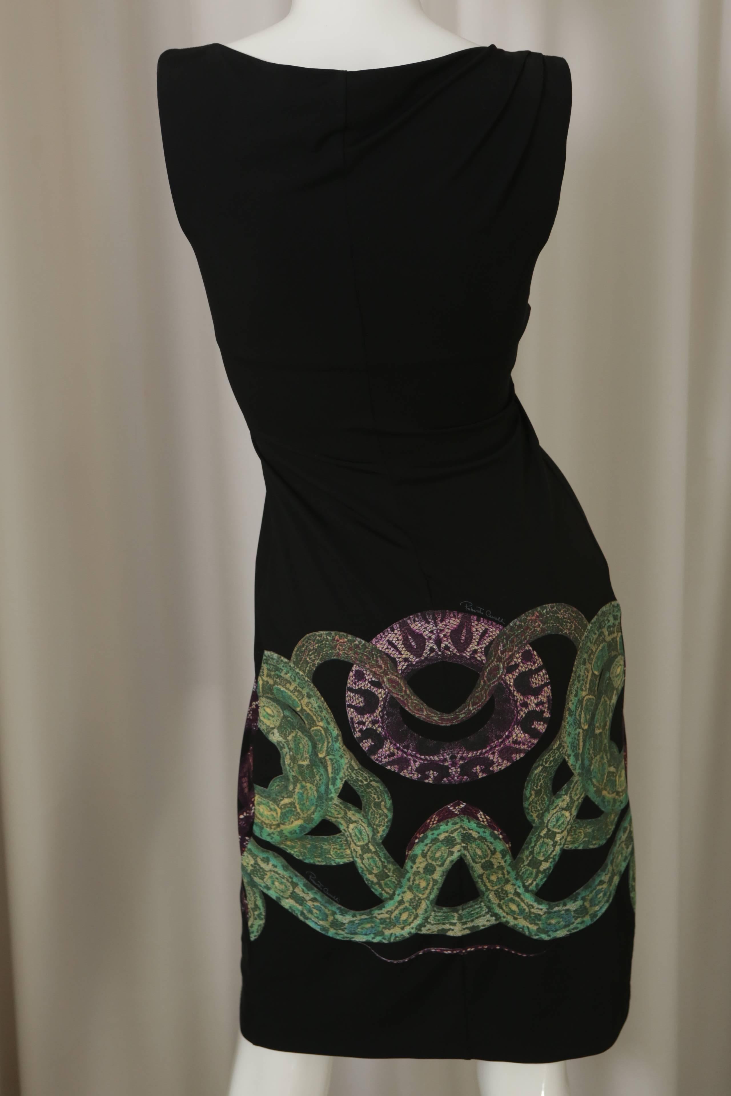 Women's Roberto Cavalli Black S/L Dress W/ Purple/Green Snake Detail