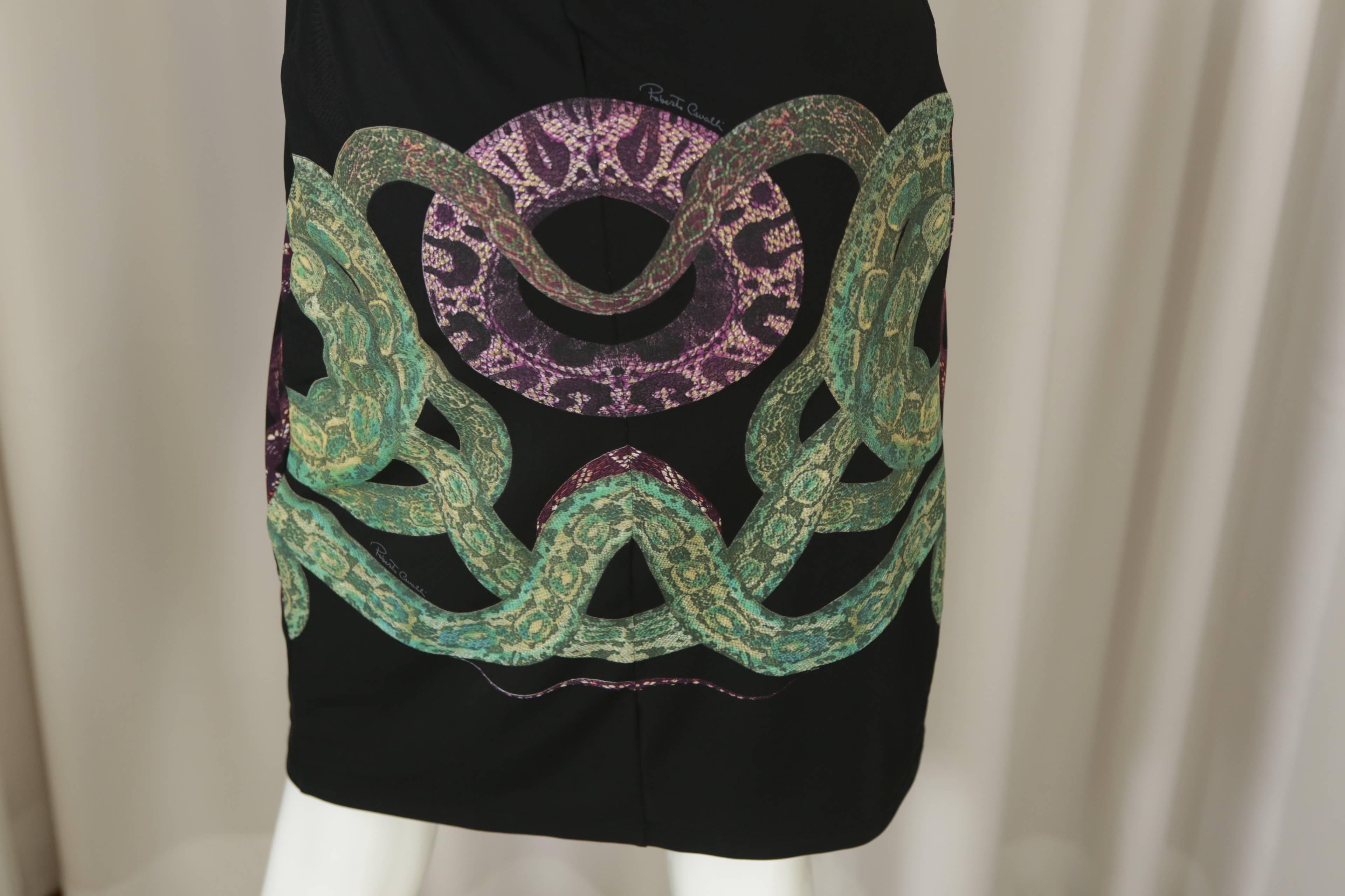 Roberto Cavalli Black S/L Dress W/ Purple/Green Snake Detail In Excellent Condition In Bridgehampton, NY