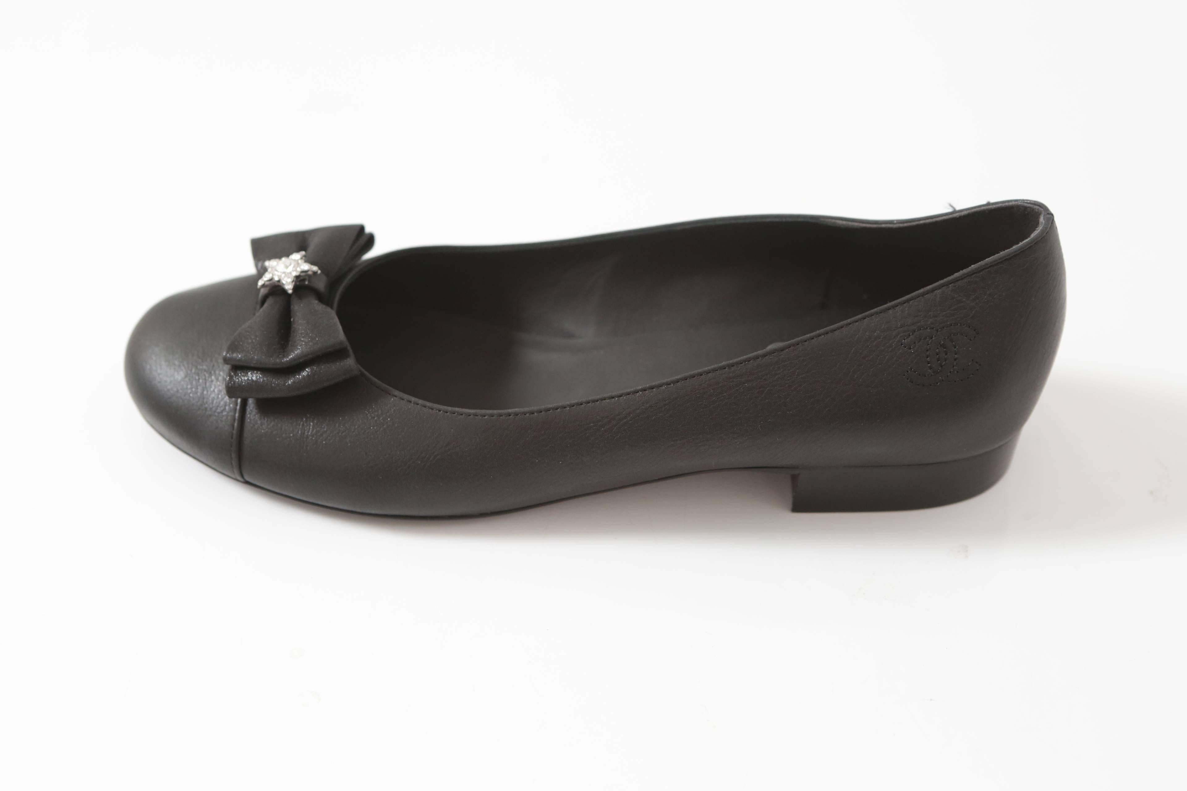 Women's Chanel Black Leather Ballerina Flats with Grosgrain Bow & Crystal 