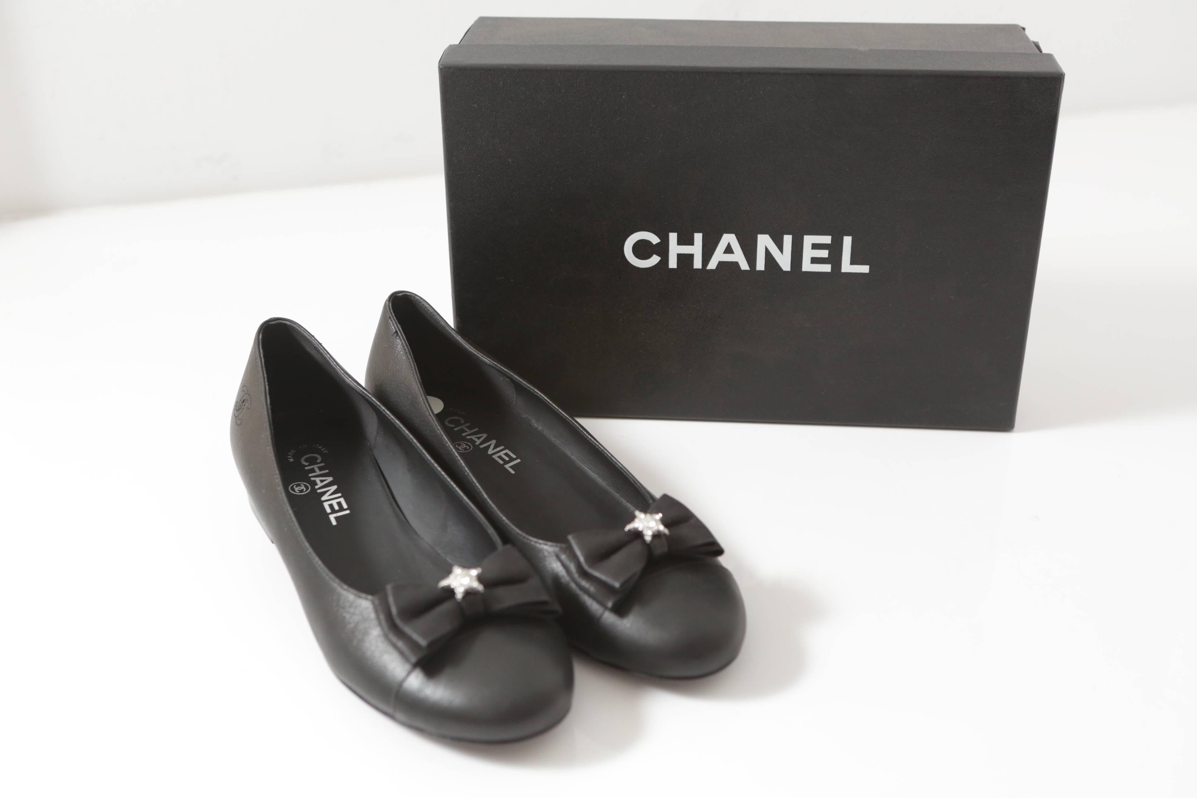 Chanel Black Leather Ballerina Flats with Grosgrain Bow & Crystal  3