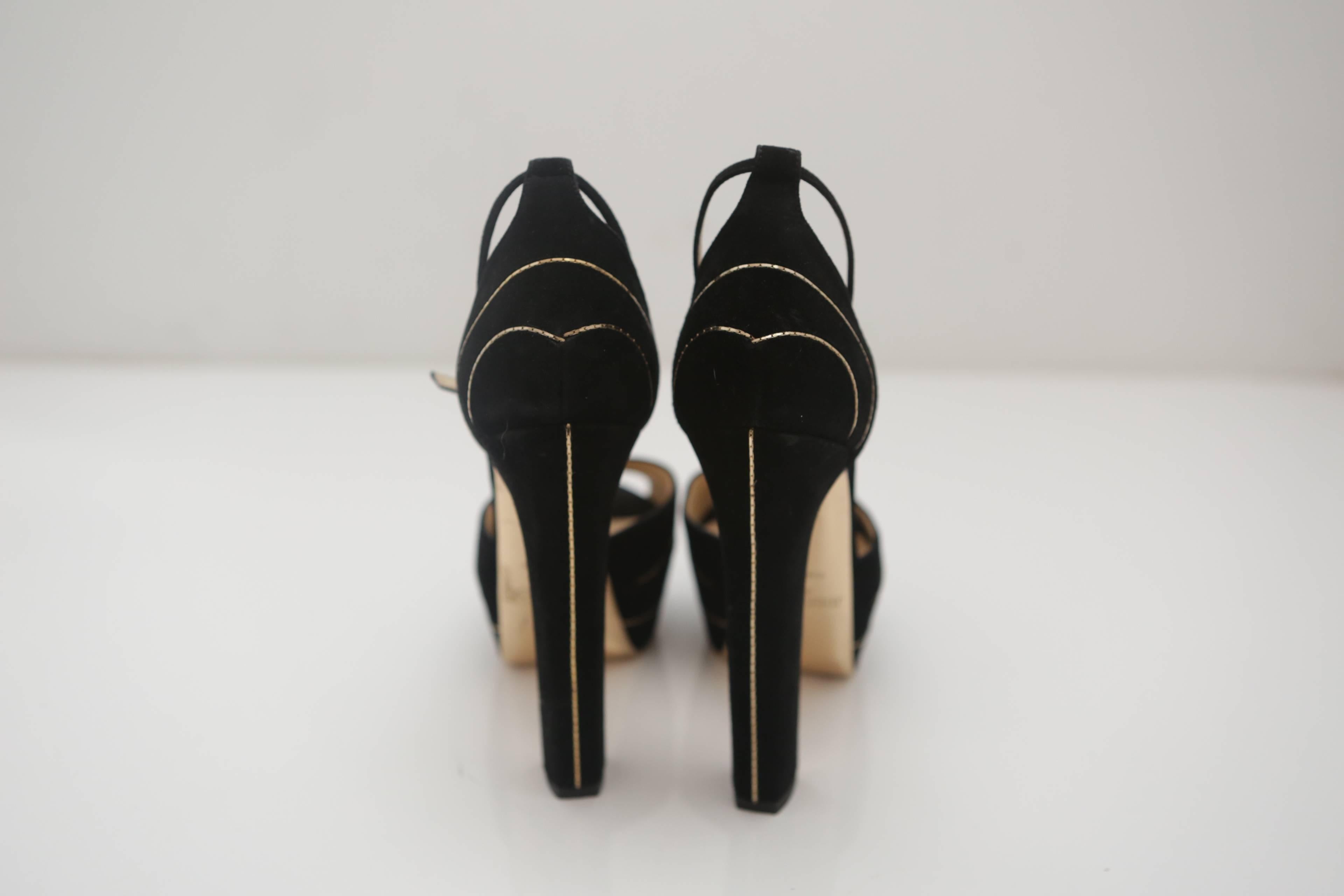 Jimmy Choo open-toed platform heels in black suede with delicate gold chain detail throughout, gold mirrored sole. 5.5