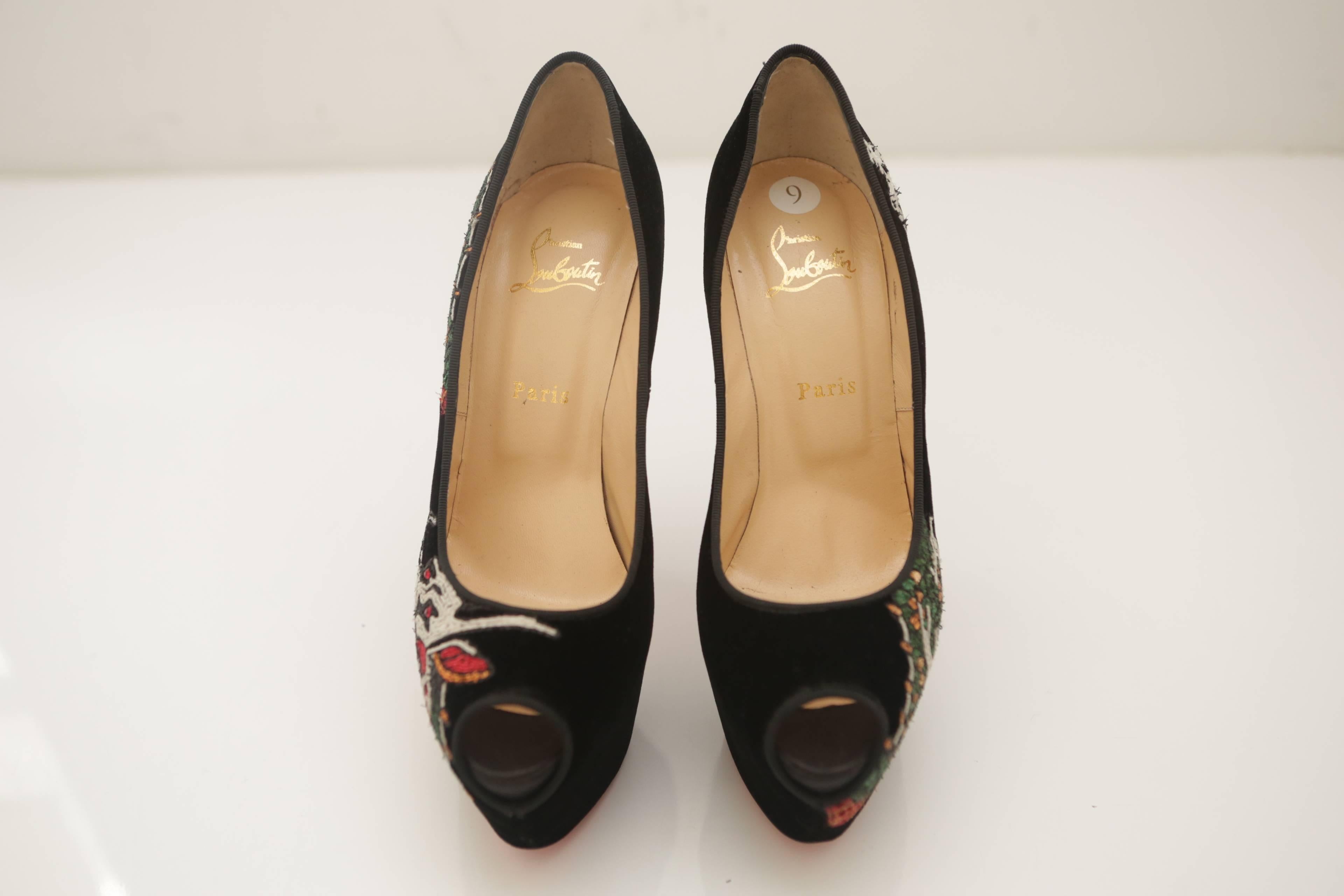 Christian Louboutin Highness Tattoo Dragon Black Platforms. Beaded embroidery on Suede. Heel approximately 6