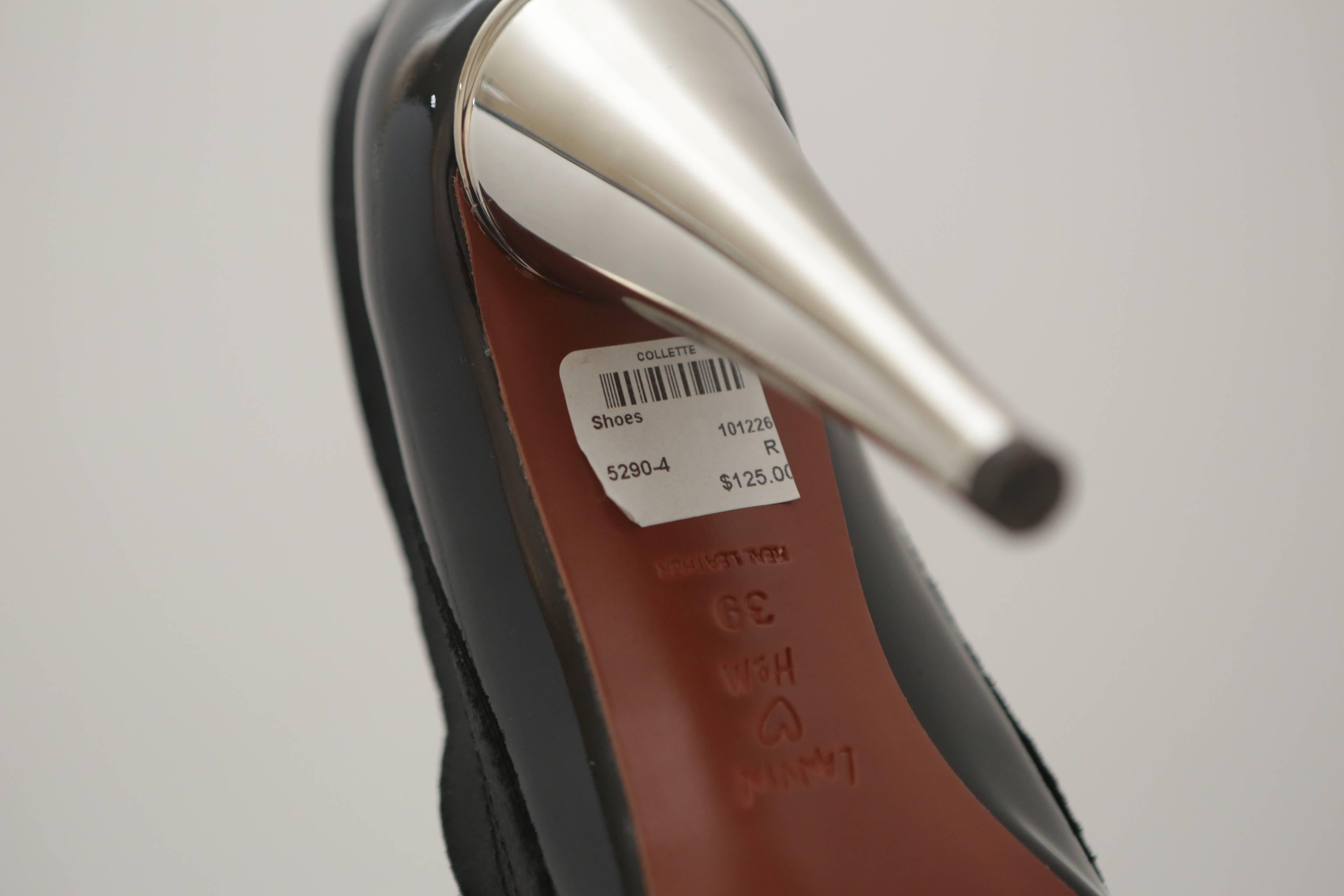 Lanvin Black Patent Pumps with Silver Heel In Good Condition In Bridgehampton, NY