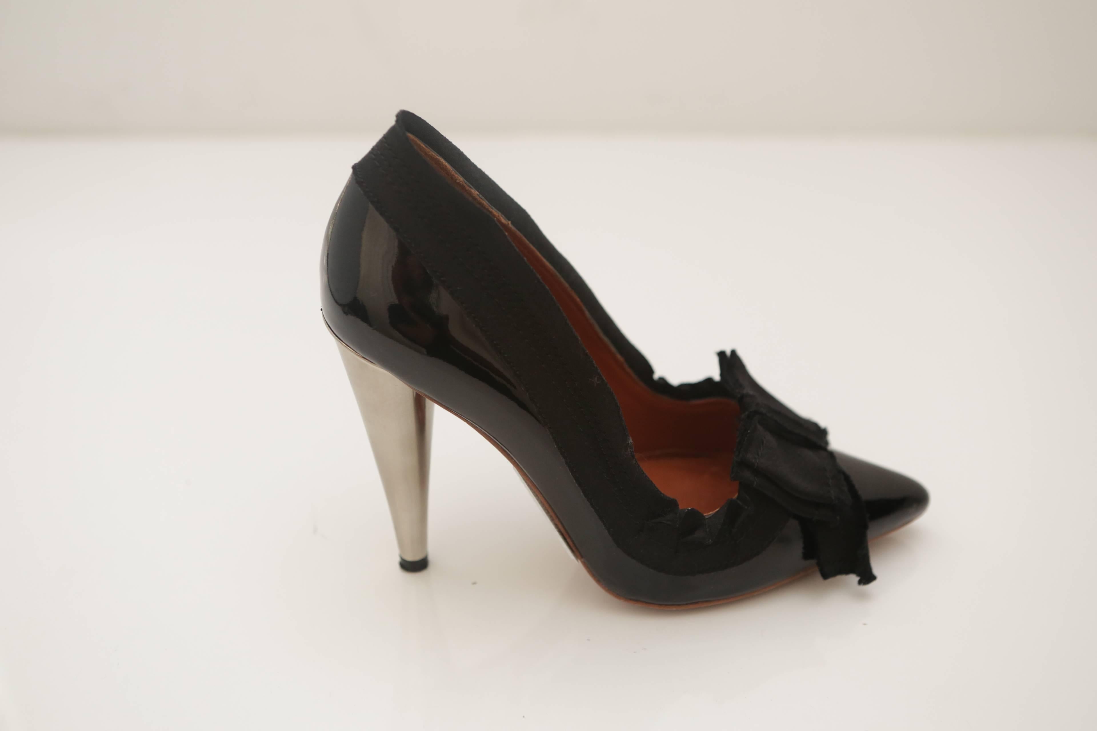 Women's Lanvin Black Patent Pumps with Silver Heel