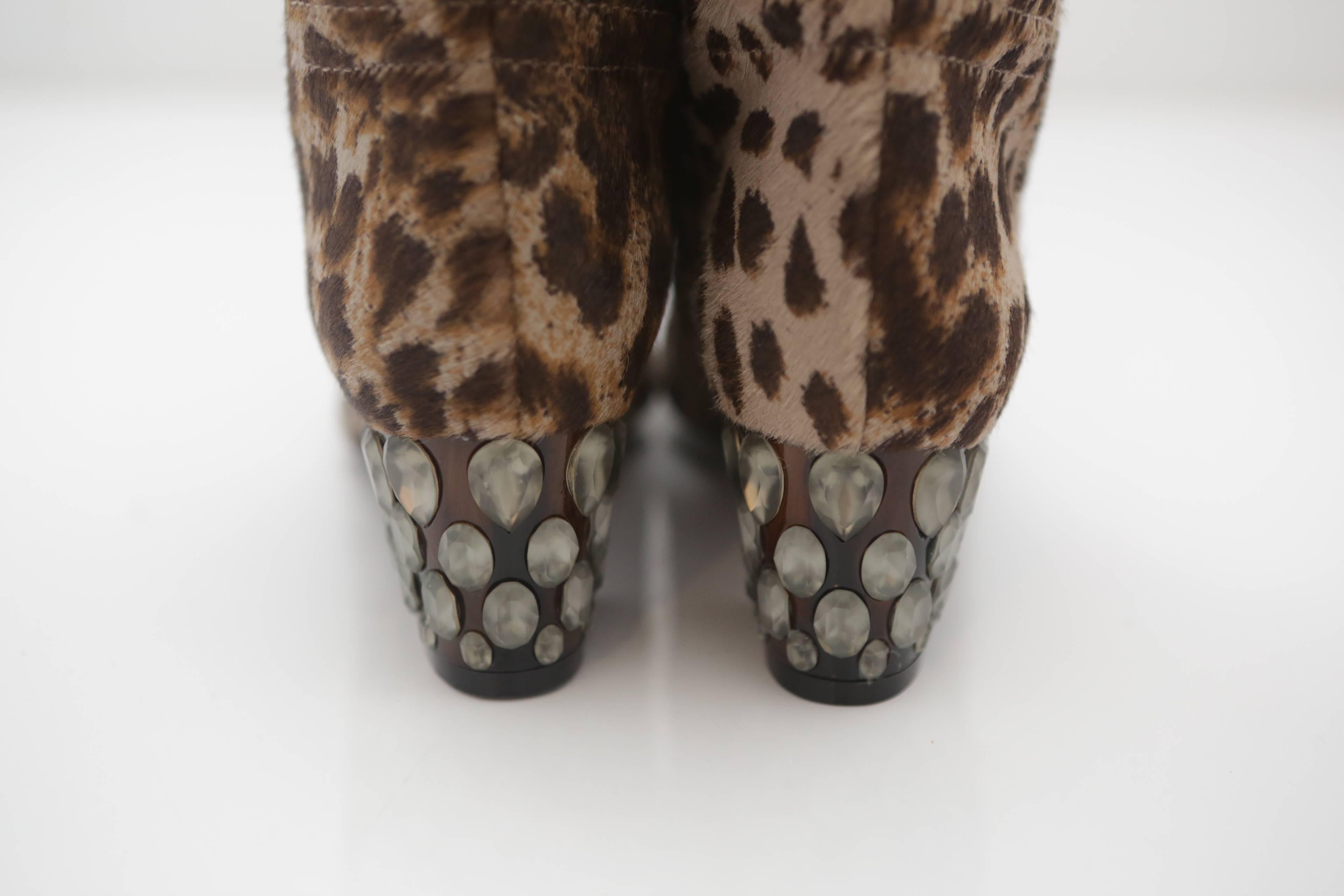 Lanvin Calf Hair Leopard Print Knee-High Boots. Metal studs on 2