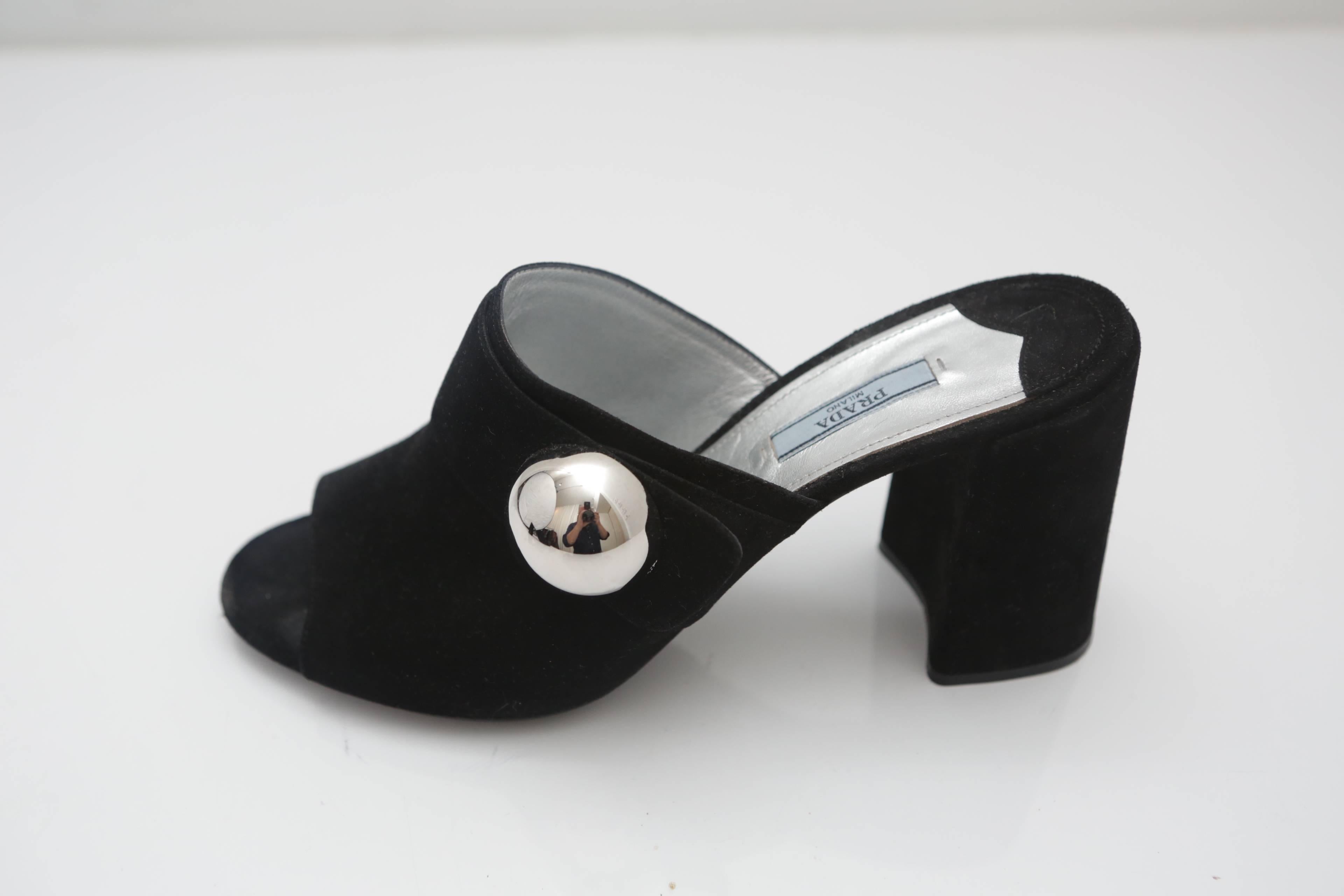 Prada Open-Toe Suede Mules with silver ball on bonded suede. Metallic silver interior with 3
