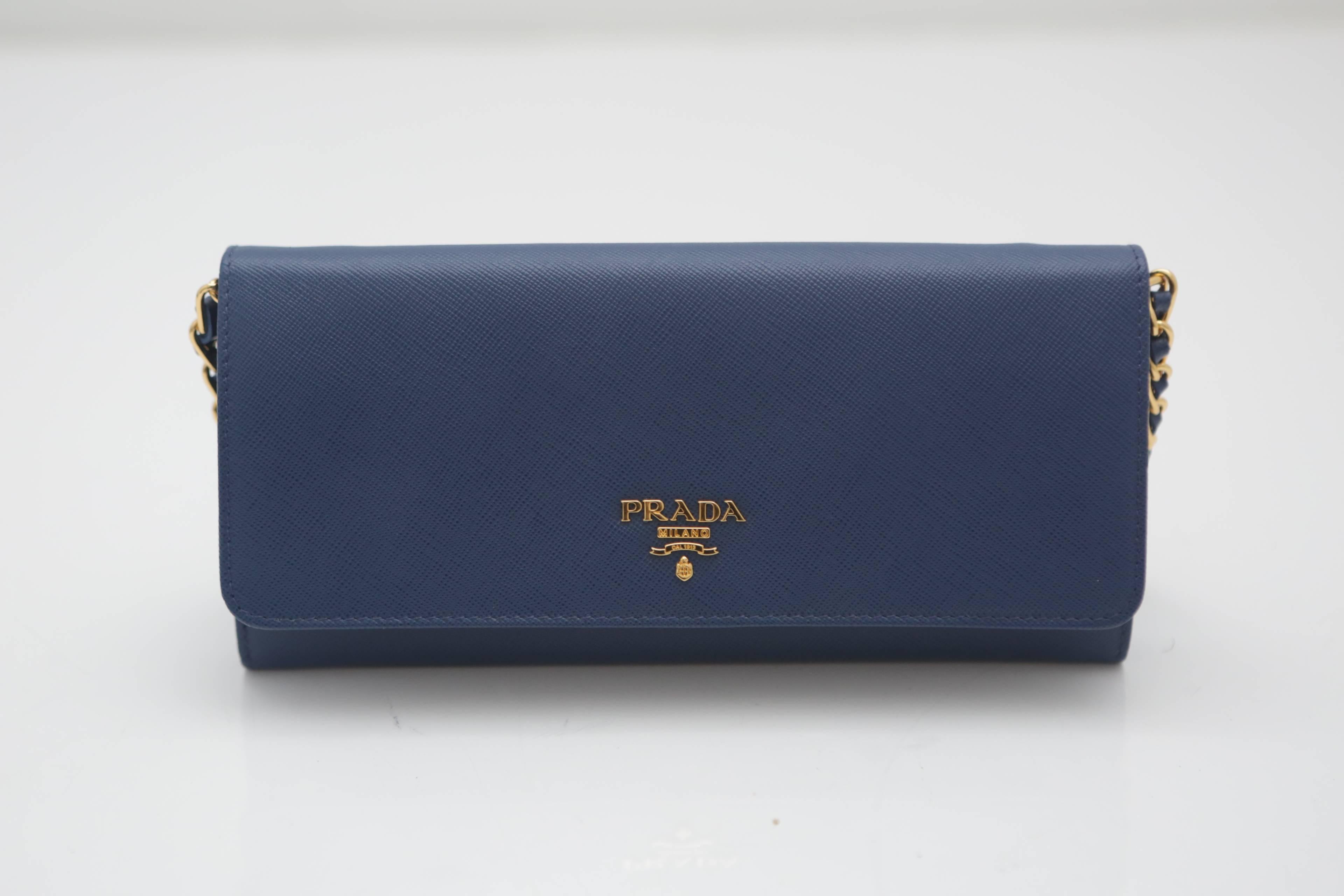 Women's Prada Saffiano Oro Wallet Handbag on a Chain