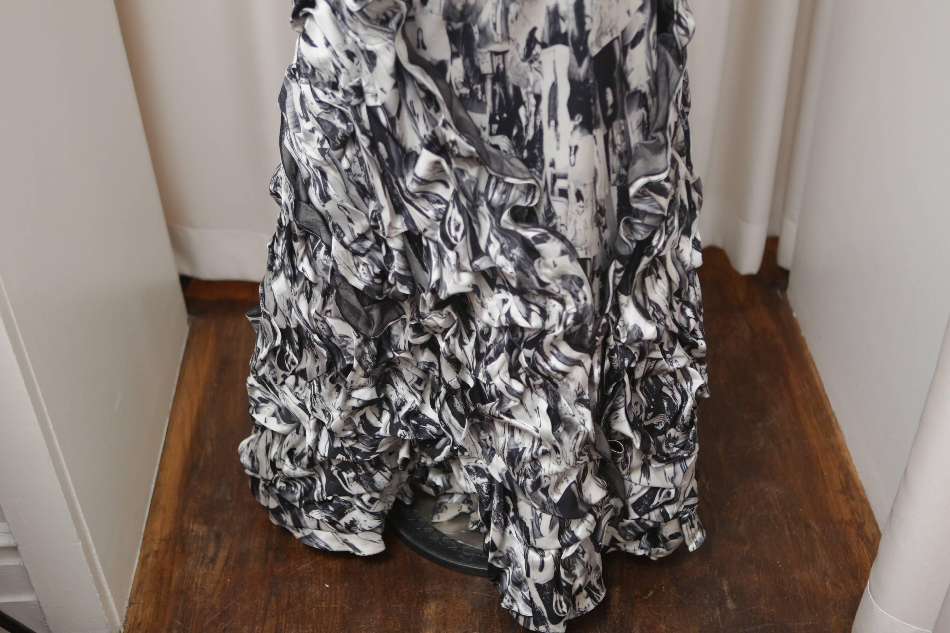 Gray Carlos Miele Photo Print Ruffled Gown