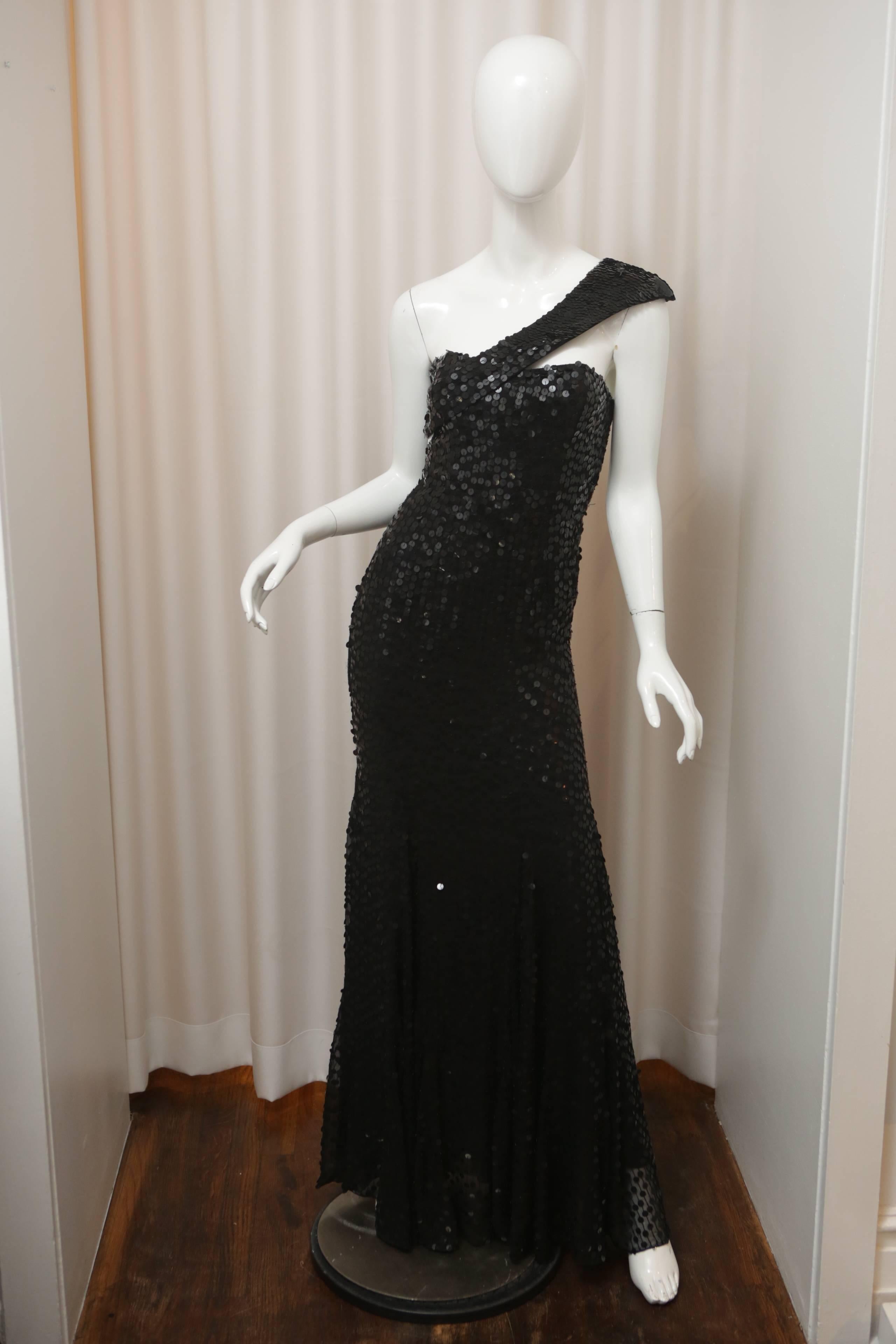 Rachel Gilbert Black Strapless Sequin Evening Gown In Excellent Condition In Bridgehampton, NY