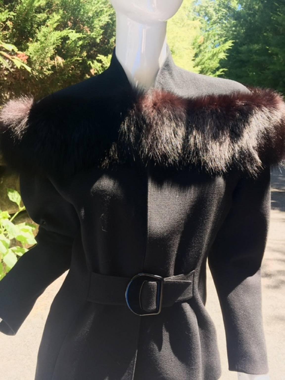 Black Belted Jacket with Fox Fur Shoulder Detail, Pencil Skirt Knee Length