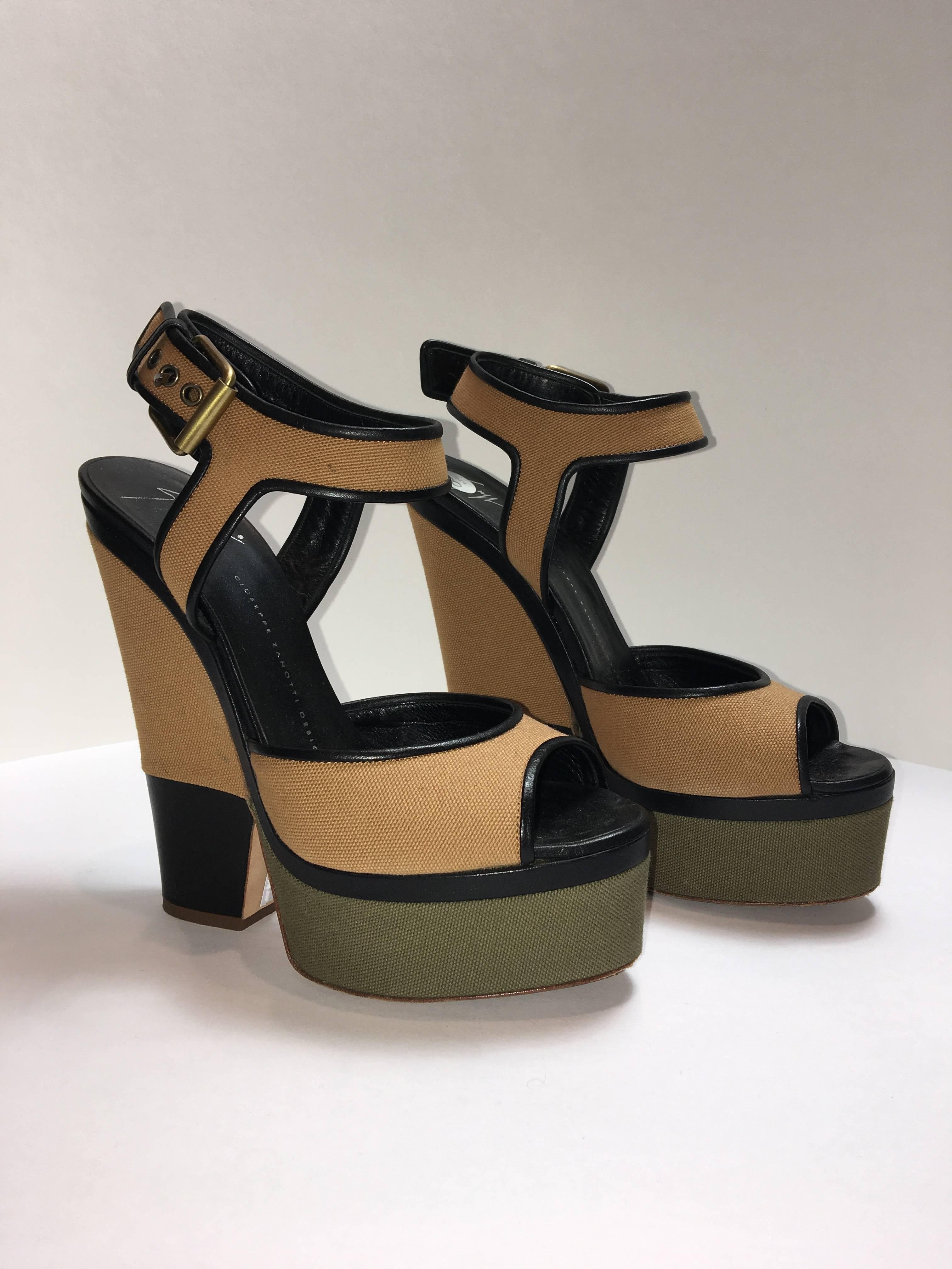 Giuseppe Zanotti Design Canvas Block heels with a leather trim detail. A tan color block design with contrasting olive and black platform. 