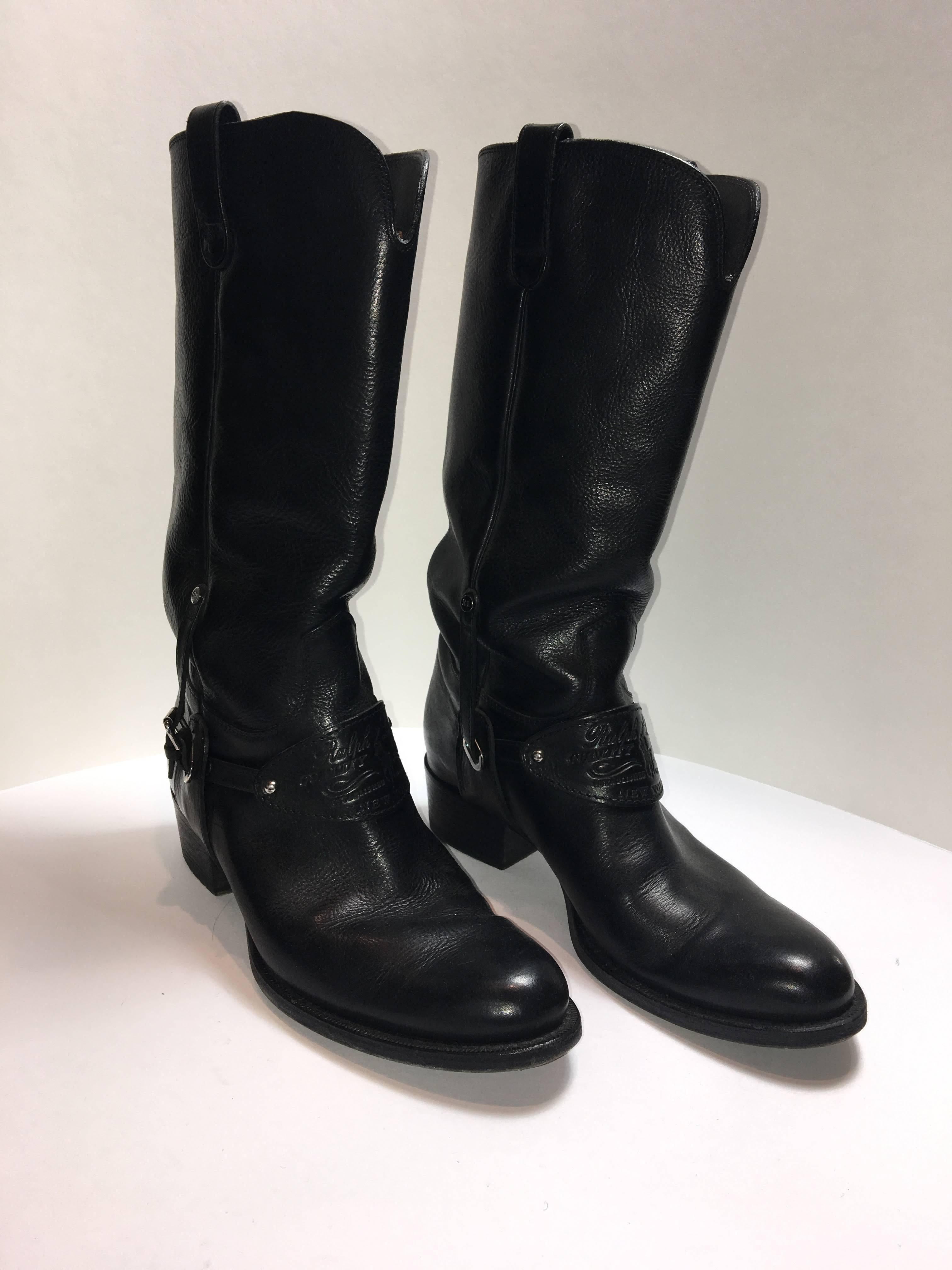 Ralph Lauren black leather boots with a short heel. Mid-Calf with pull tabs on both sides. 