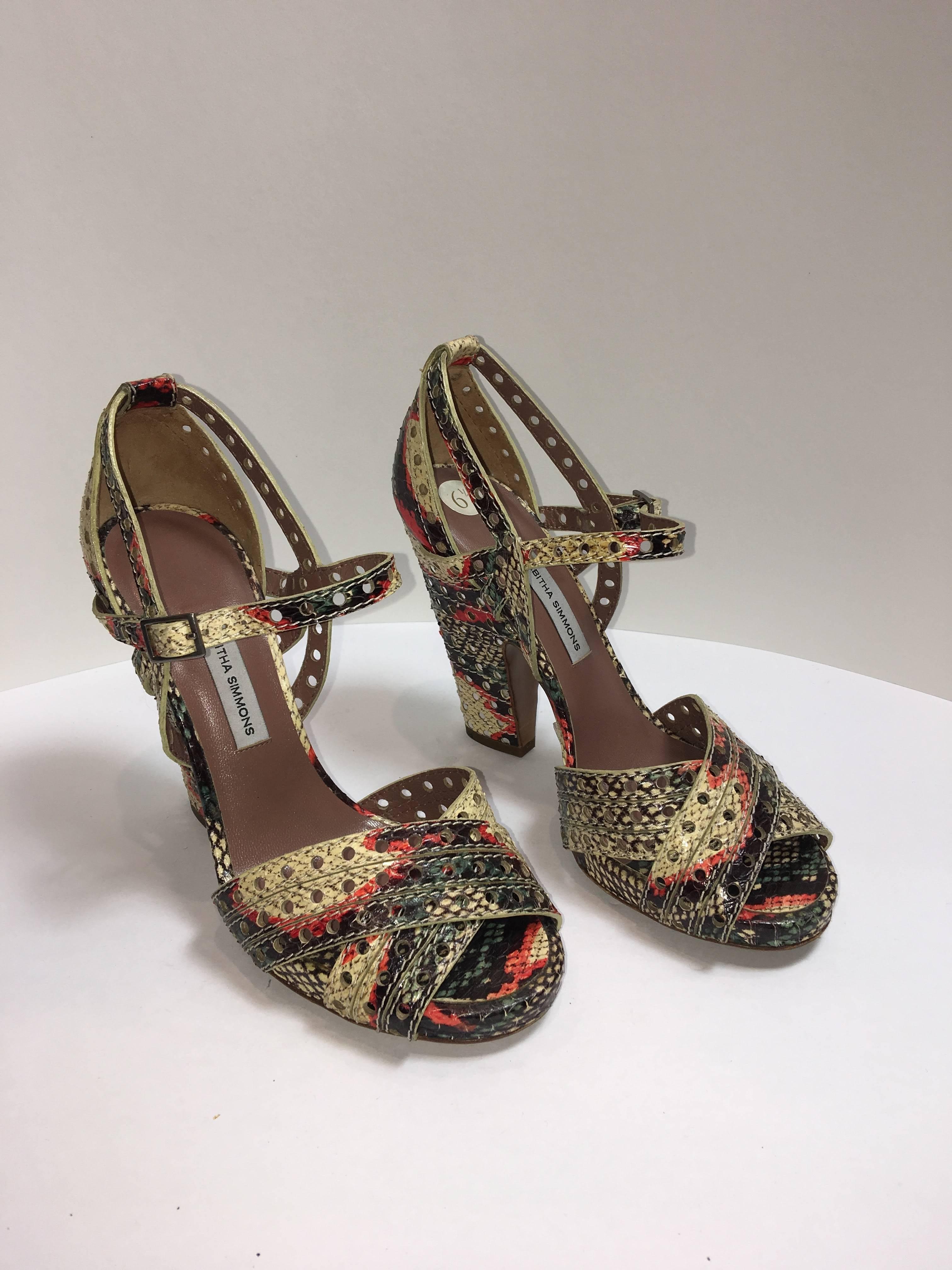 Tabitha Simmons Multi-colored python heeled sandals. Size 36.5 with silver circle detail. 