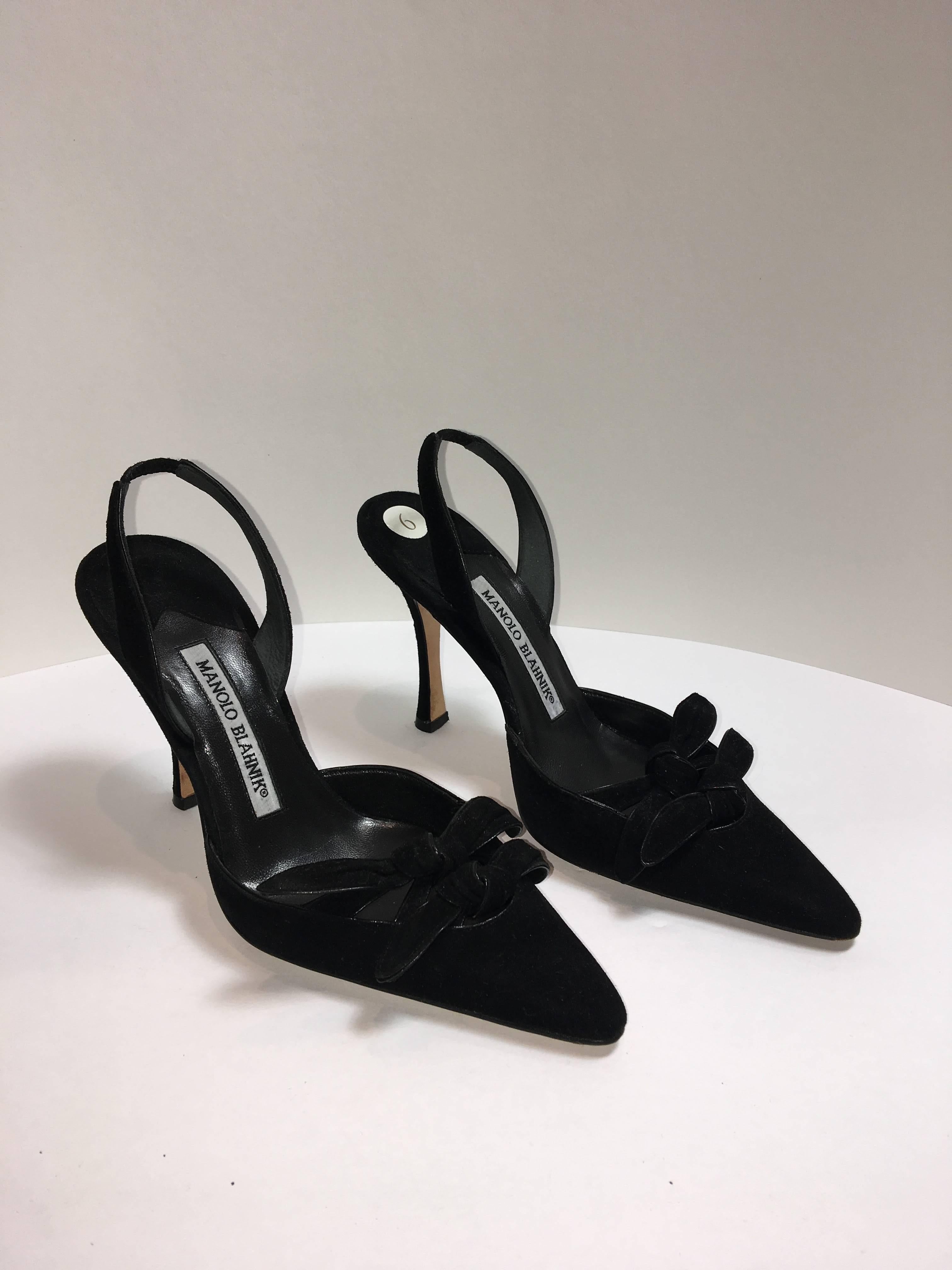 Manolo Blahnik Double knotted Sling backs. Black suede with pointed toe, made in Italy. 