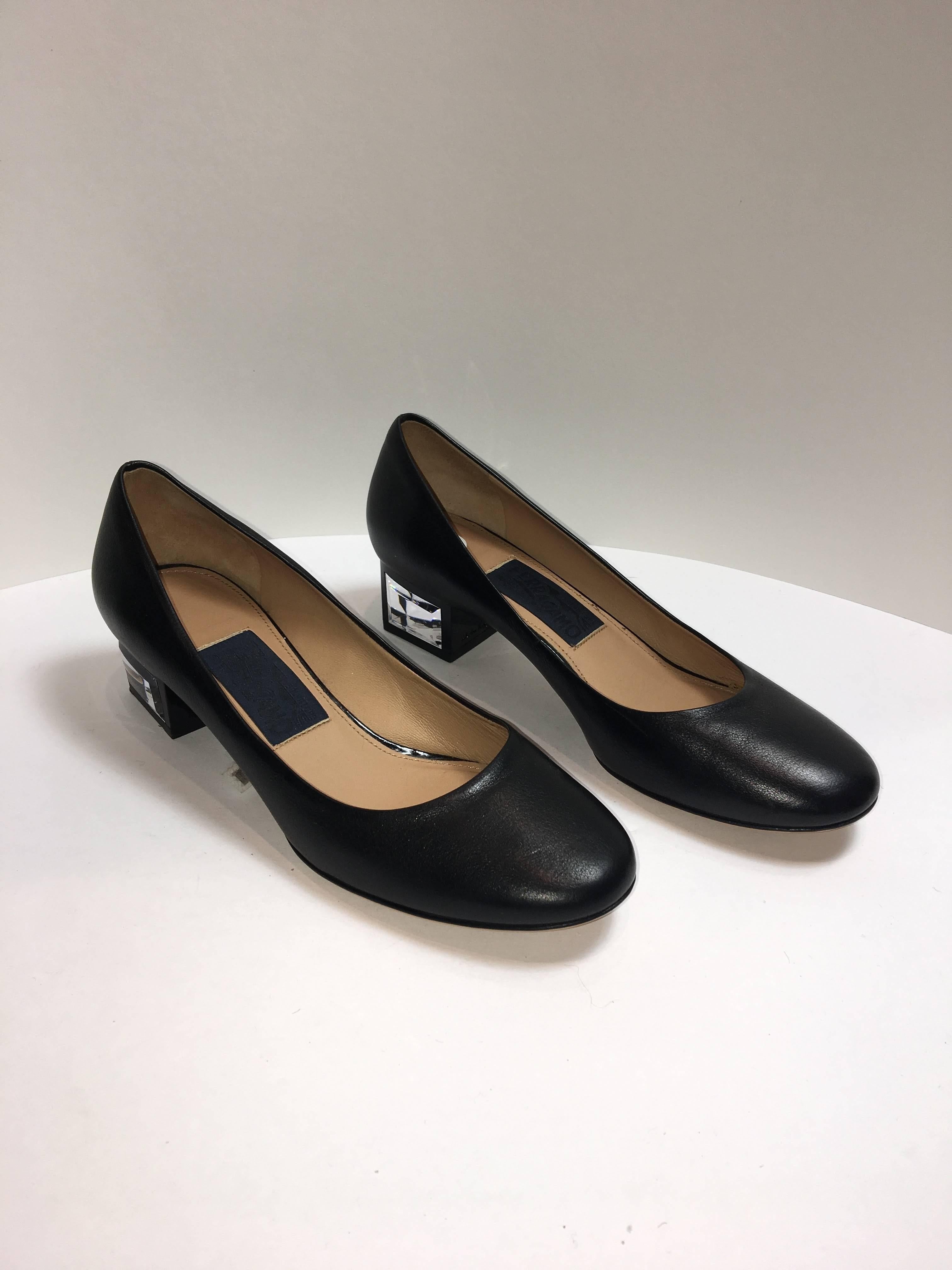 Ferragamo Black Leather Round Toe with Faceted Chunk Heel.