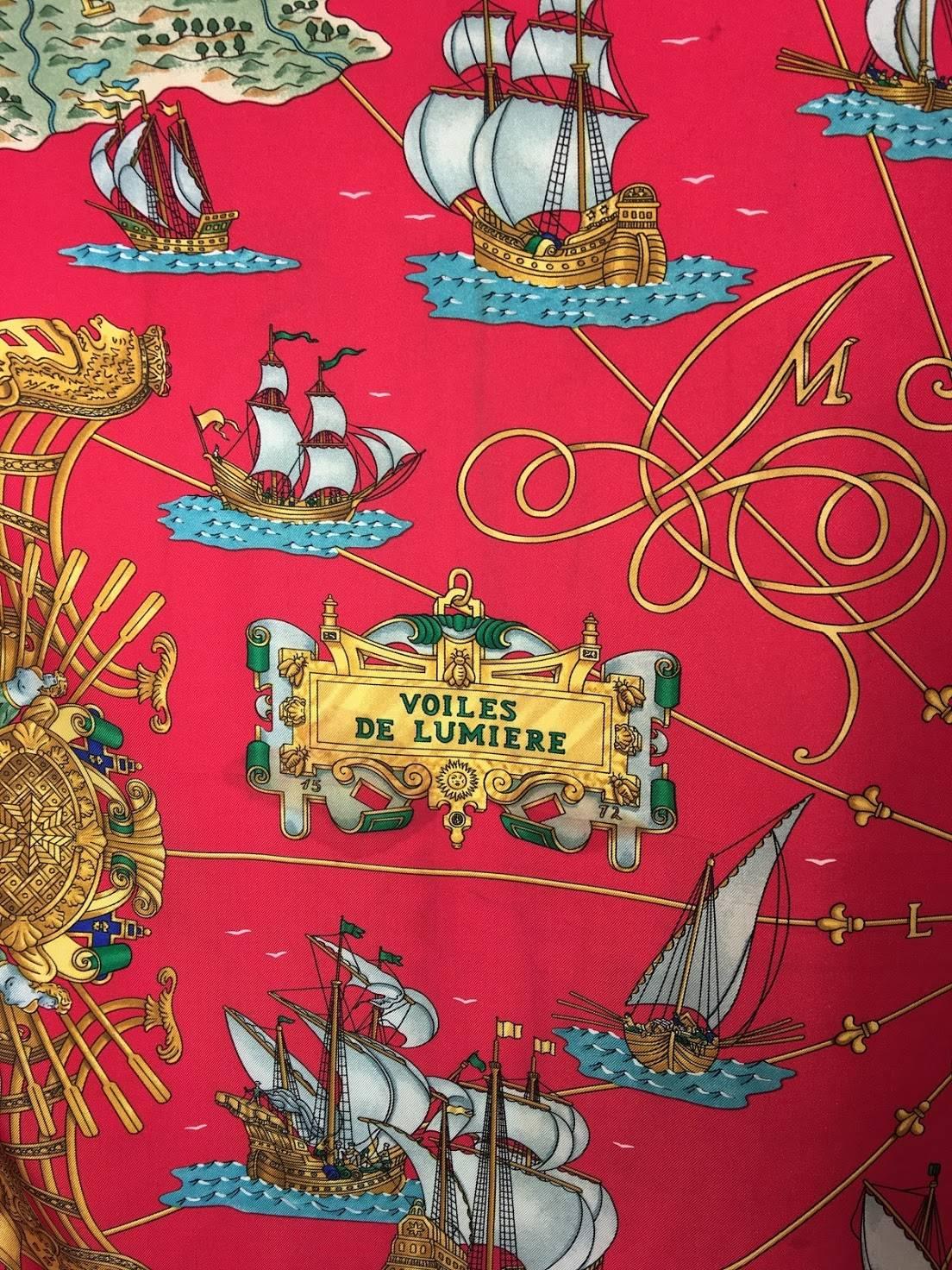 Voiles de Lumiere Hermes Scarf. Coral with Nautical/ Ship theme. 