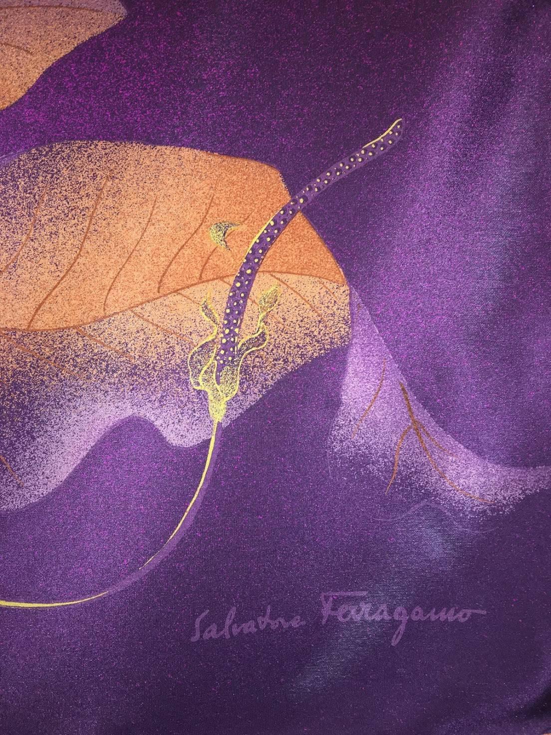 Salvatore Ferragamo Purple Silk Scarf with a single Floral print. 